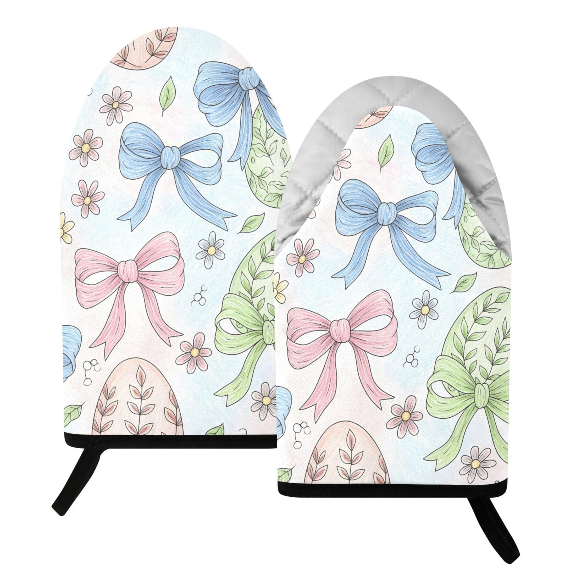 Kutsu Easter Eggs with Bow Oven Mitts for Kitchen, Heat Resistant Cotton Oven Gloves for BBQ Baking Cooking, Breathable Kitchen Essentials, 2 pcs