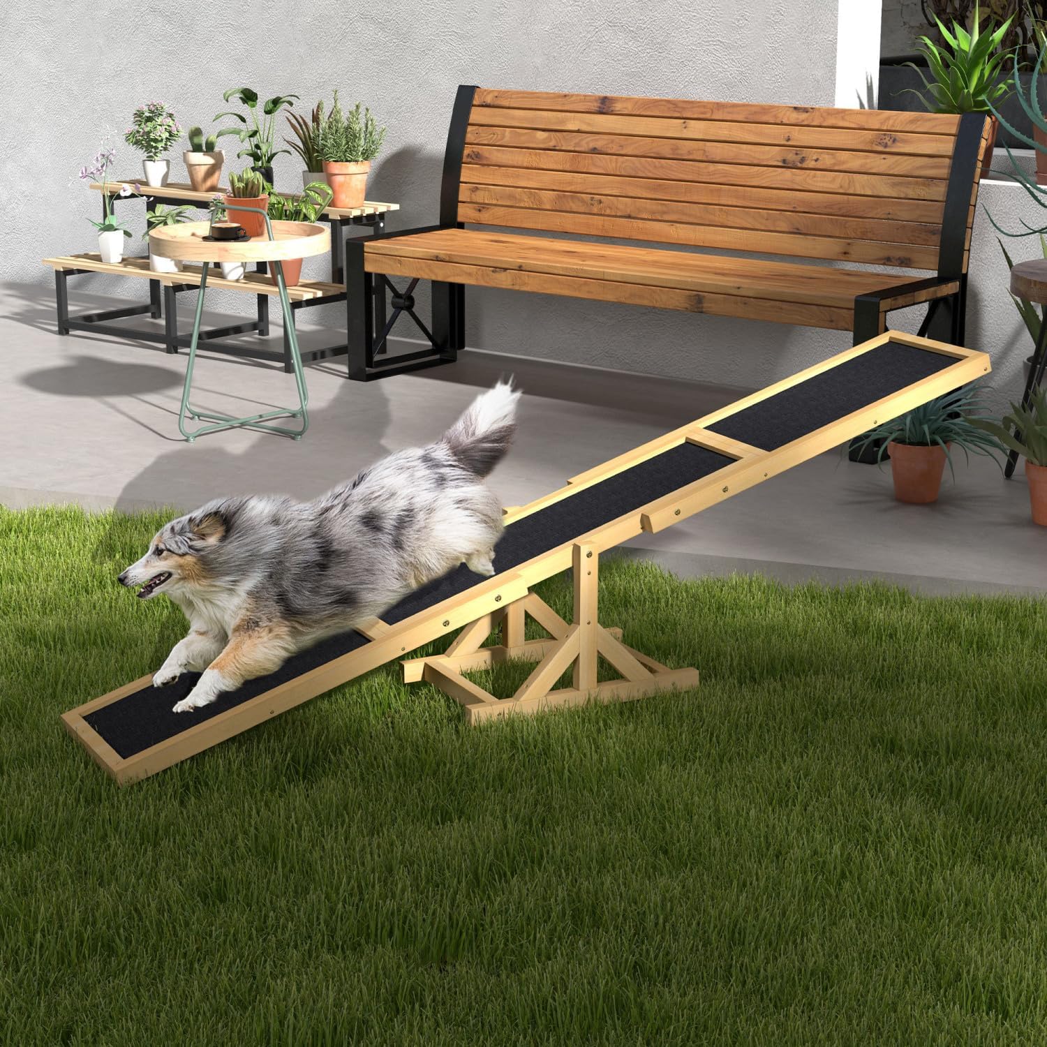 Wooden Dog Agility Seesaw for Training and Exercise, Platform Equipment Run Game Toy, Weather Resistant Pet Supplies, 71" L x 12" W x 12" H, Yellow