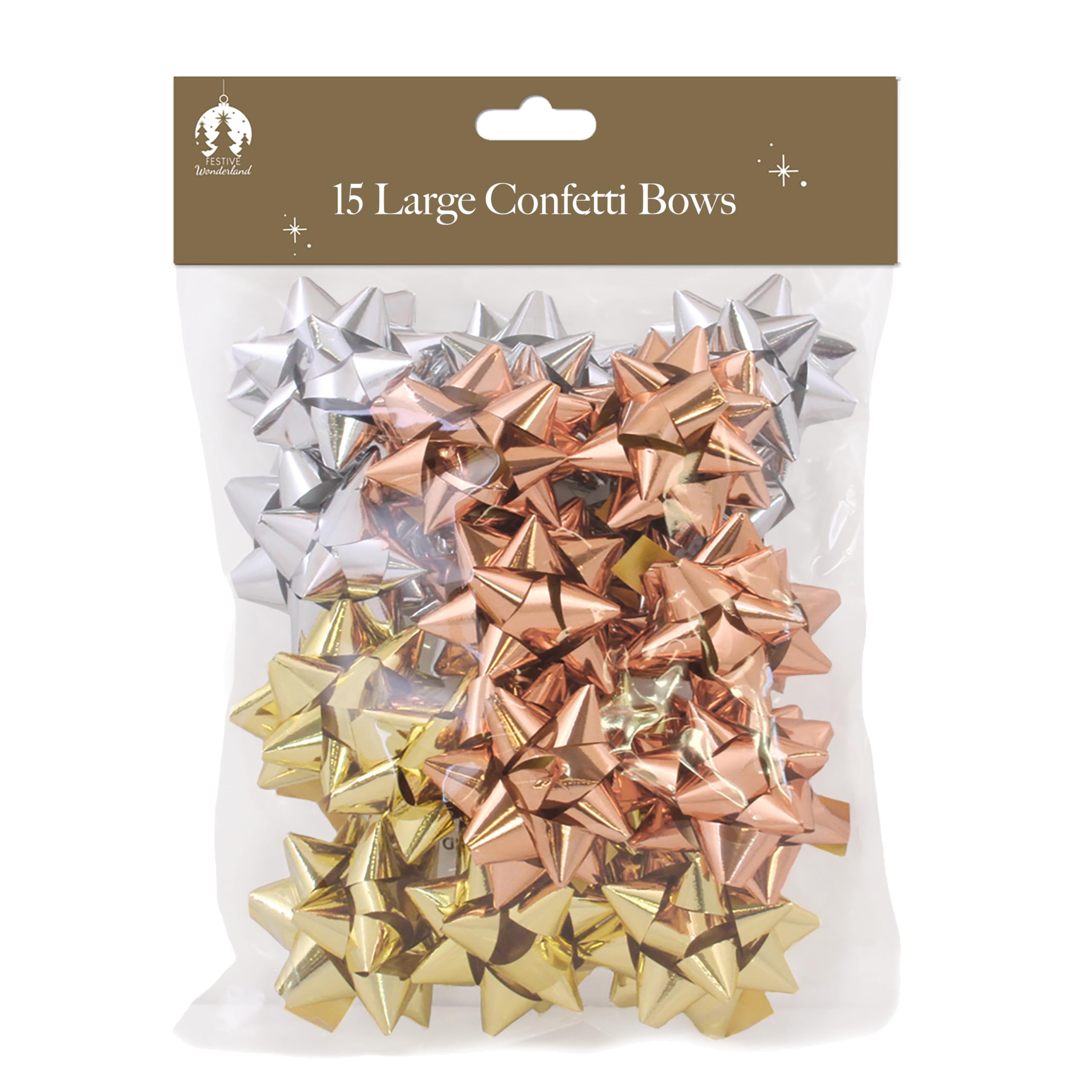 Tallon 15 Large Christmas Confetti Bows – Self-Adhesive Metallic Gold, Silver & Copper Mix – Decorative Xmas Gift Wrapping Bows for Bags, Boxes & Hampers