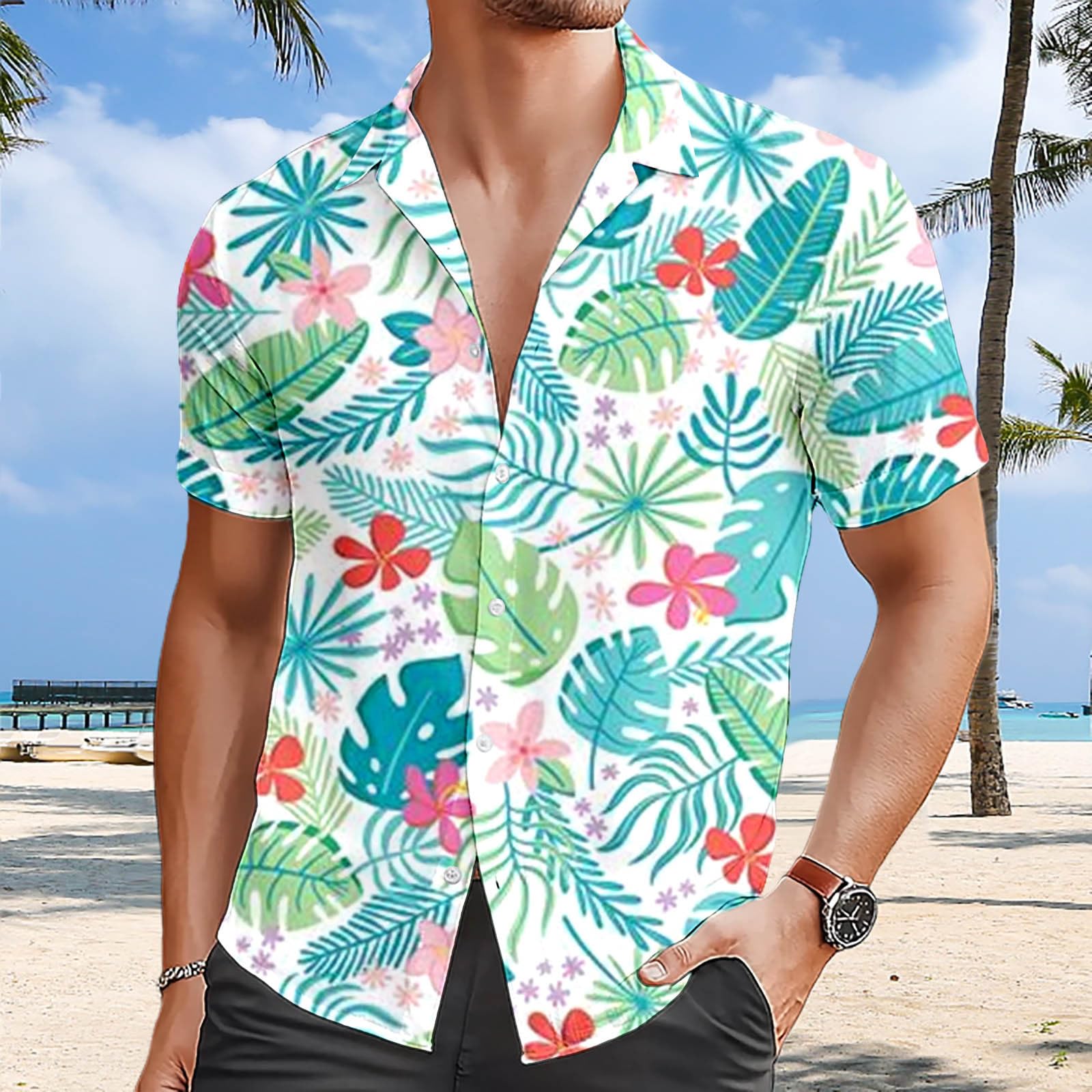 Chemise Homme, D'Été Décontractée pour, Imprimé Floral Et Feuilles, Col Cubain, Boutonnée, pour La Maison, La Plage Et L'extérieur, Design Moderne Épuré