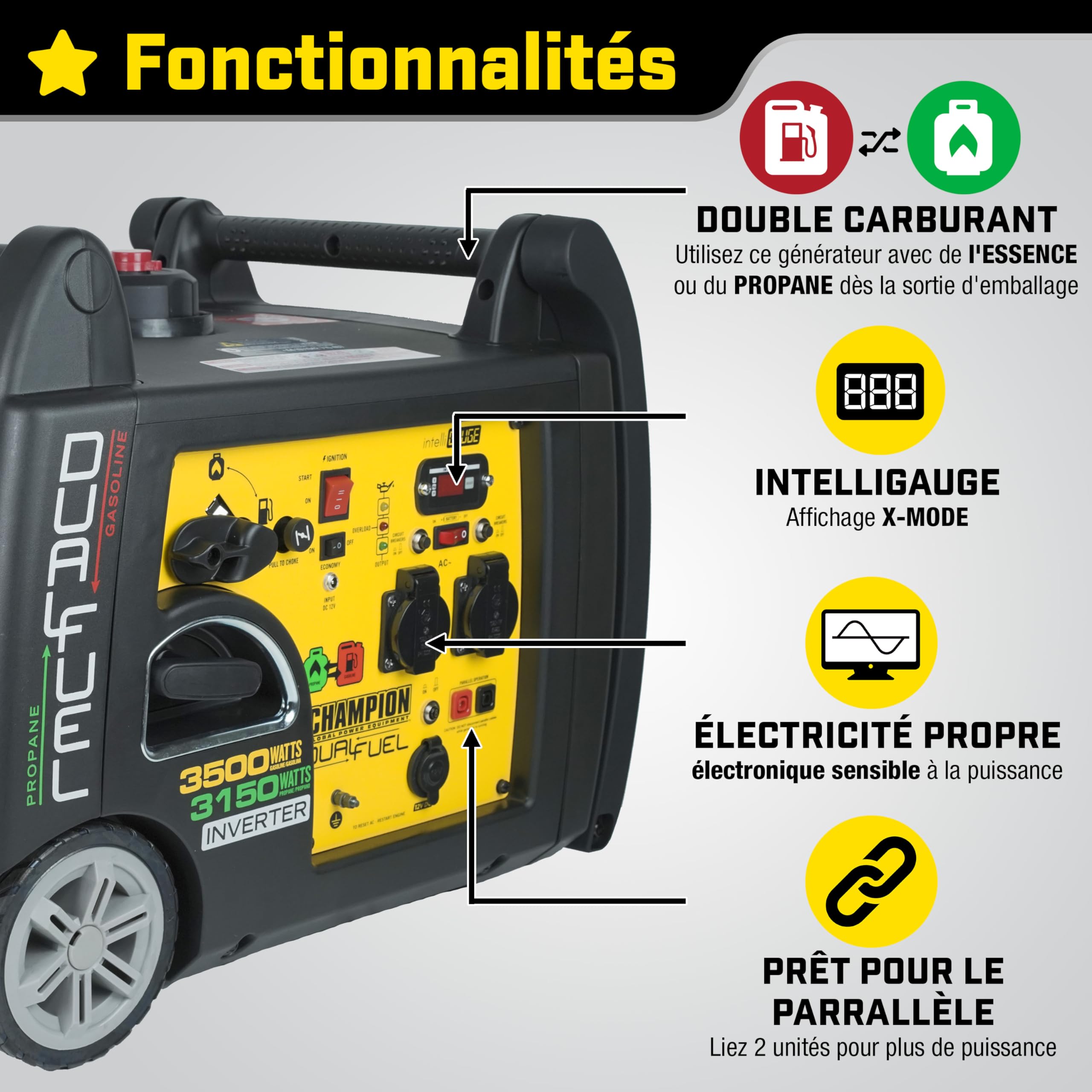 Champion Power Equipment 73001i-DF-EU Groupe électrogène mobile essence + gaz (3100 W, inverseur portable, extrêmement silencieux, avec poignée intégrée et jeu de roues, idéal pour l'extérieur +