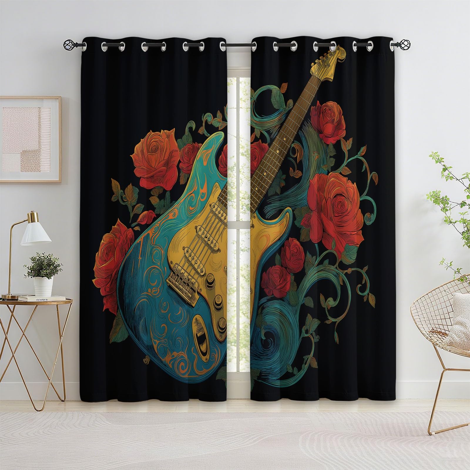 Surrealistyczne gotyckie kwiatowe zasłony zaciemniające z motywem gitary, do pokoju dziecięcego, szer. 336 x dł. 183 cm, czarne, izolacja termiczna, przelotki, zasłony zaciemniające do