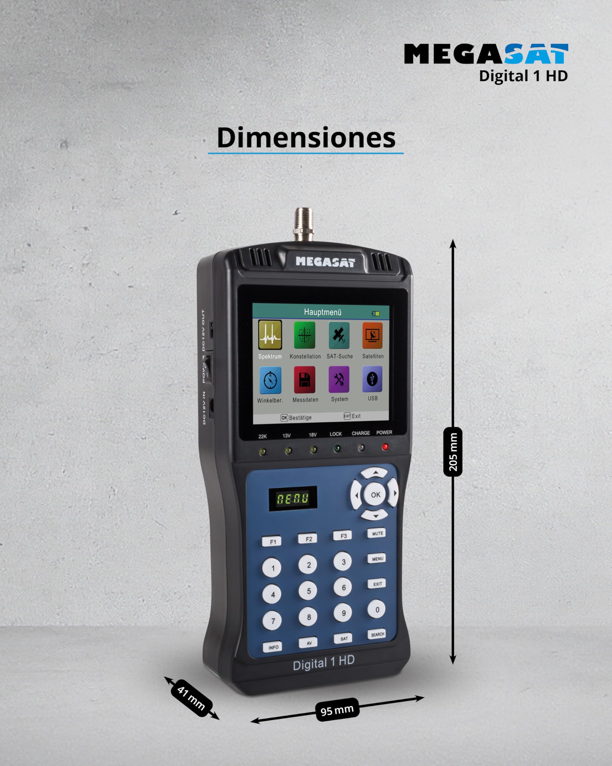 Megasat Digital 1 HD – Medidor de señal satélite, Imagen de TV en Directo | Para DVB-S & DVB-S2, pantalla a color de 3,5", Unicable, batería