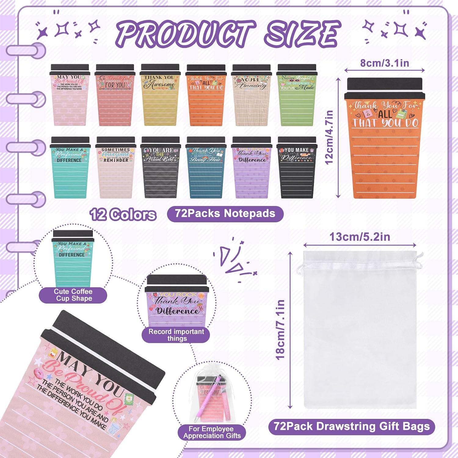 72 Set Employee Appreciation Gifts Bulk Team - 72Pack Coffee Cup Notepad+72 Ballpoint Pens+ 72 Drawstring Gift Bags, Bulk Gifts for Coworkers/Staffs/Teachers/Christmas image 2