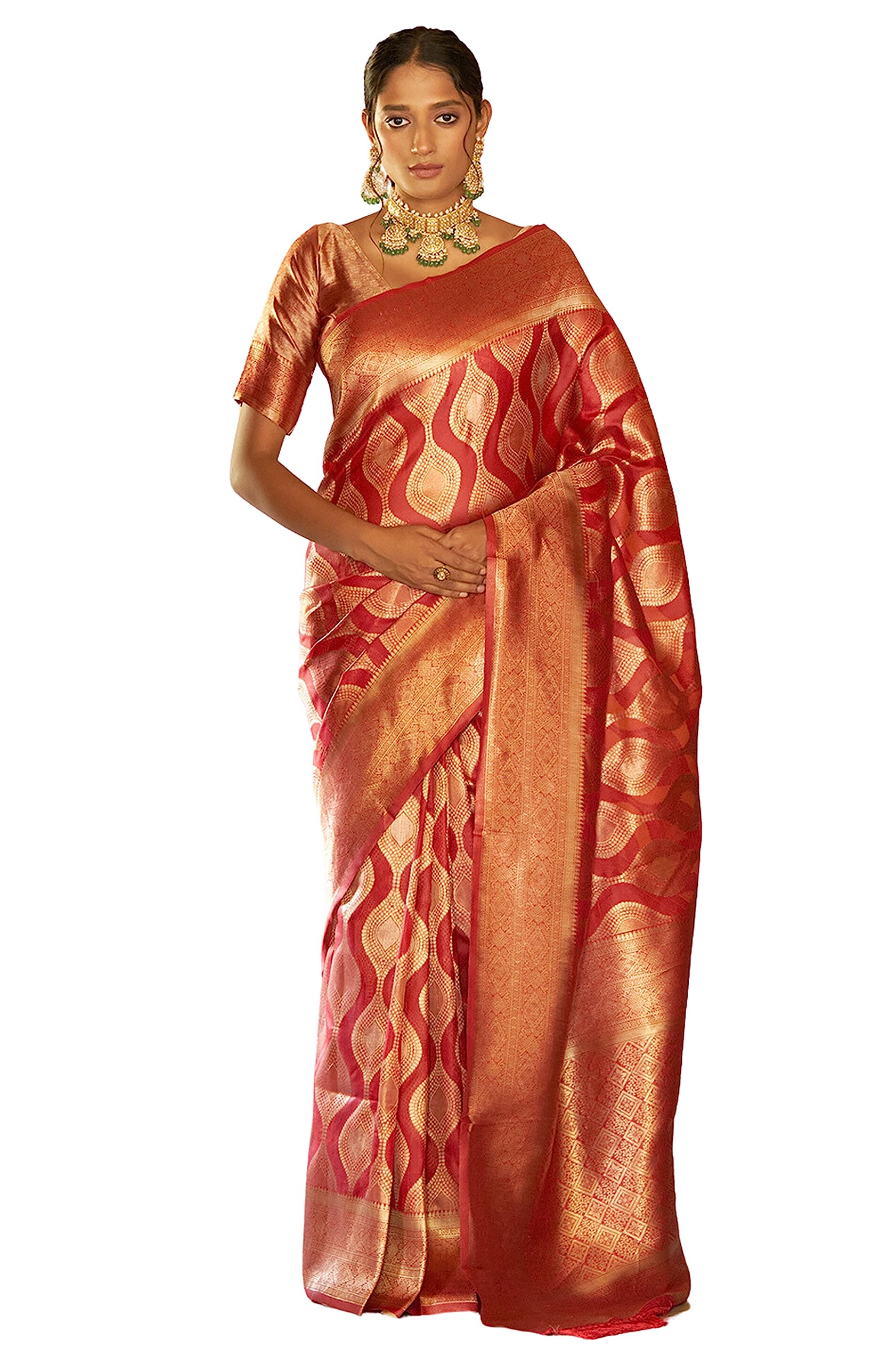 JanasyaIndian Women's Red Organza Woven Ethnic Motifs Saree with Unstitched Blouse Piece