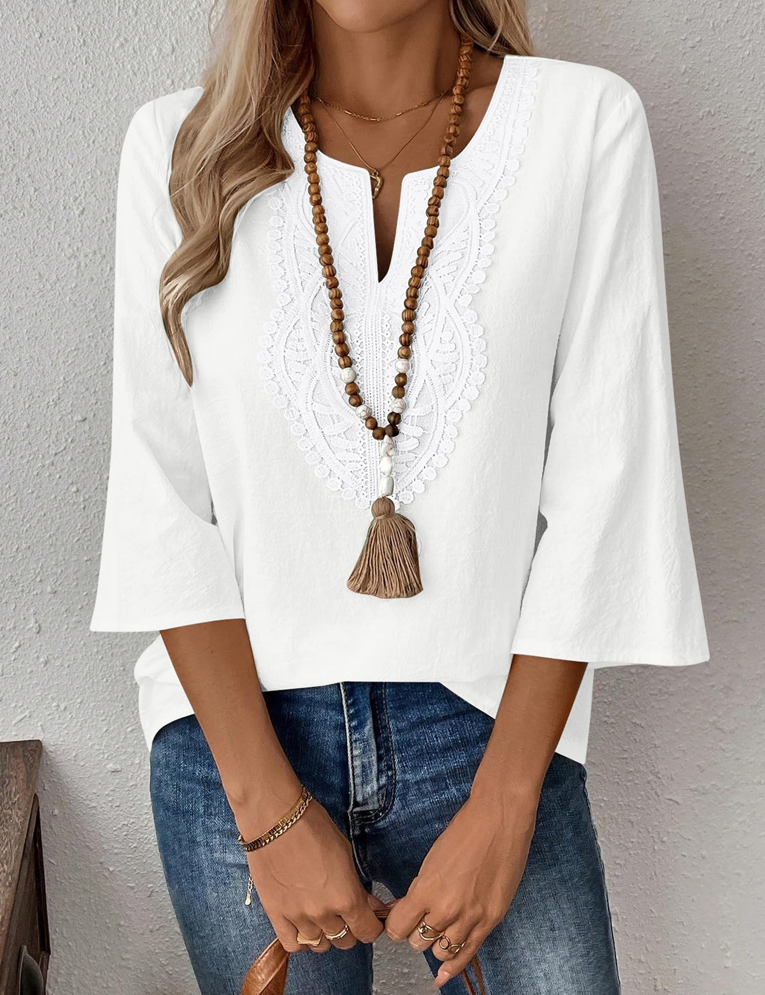 Rapbin Blusa para mujer, manga 3/4, elegante, cuello en V, algodón, encaje, camiseta informal, holgada, túnica