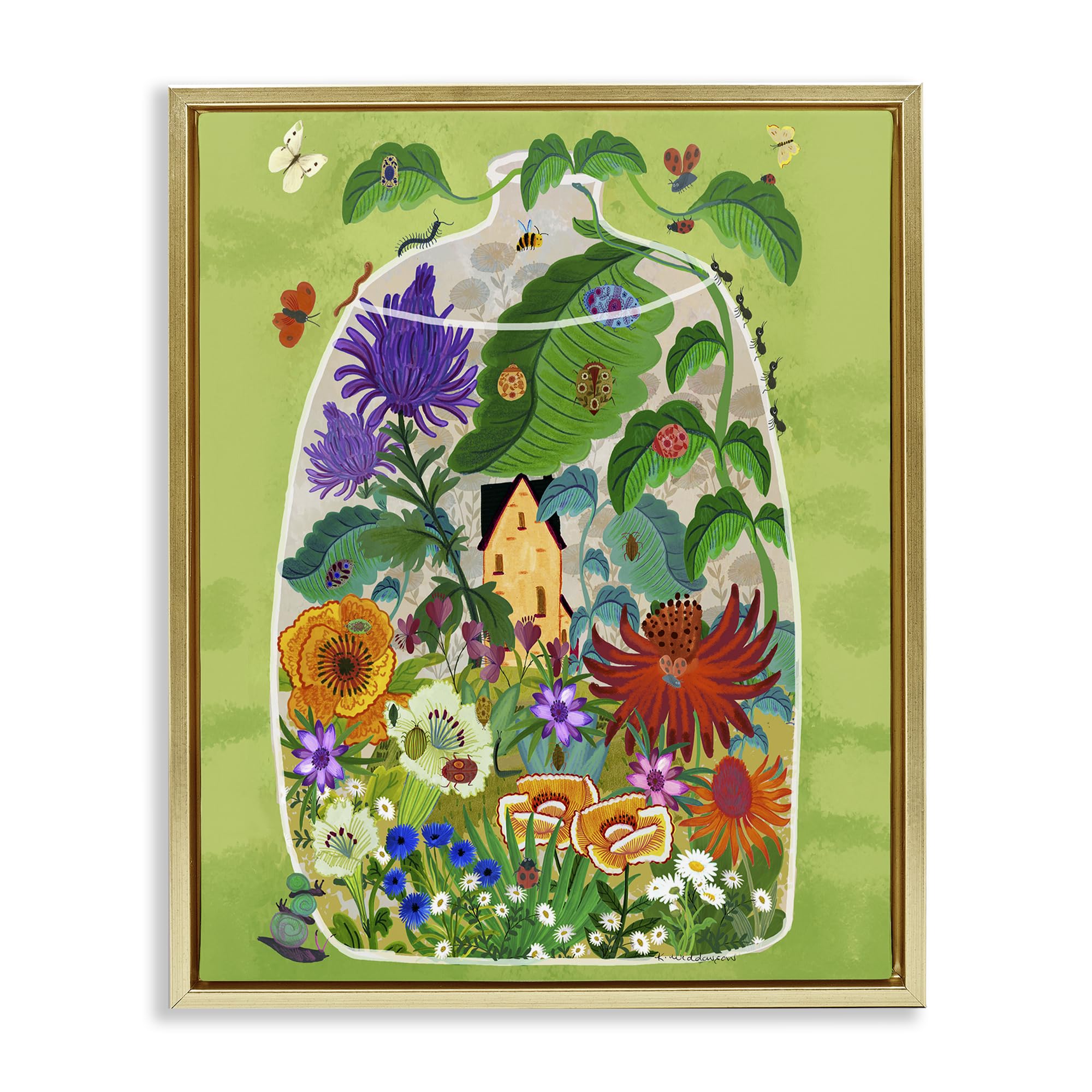 Stupell Industries 'Terrarium Bug Garden', Floating Frame Canvas Art, Gold, 25 x 31 Inches, Easy to Hang and Sturdy, Made in USA, by Kay Widdowson
