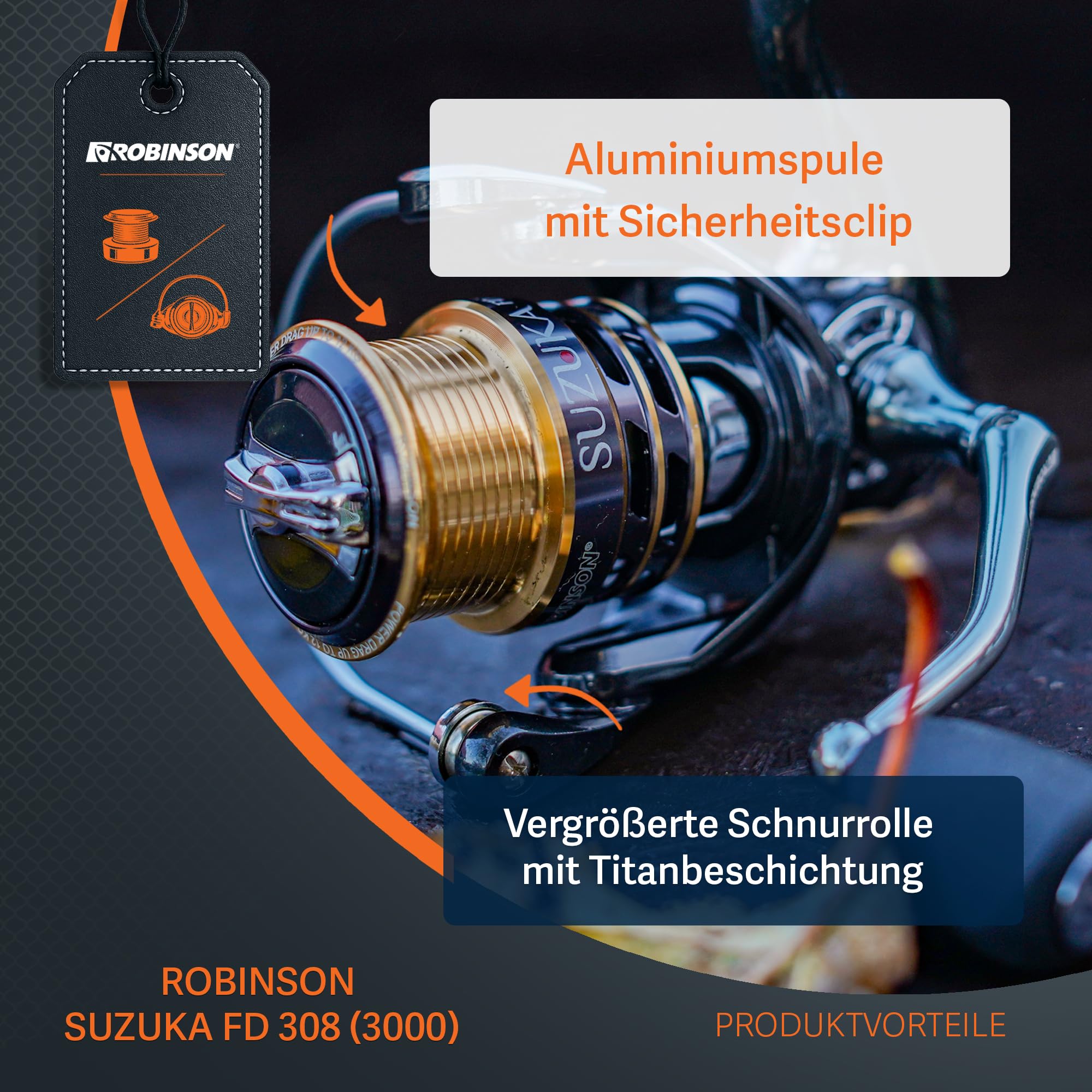 Robinson Angelrolle - Frontbremse, 8 Kugellager, Duraluminium-Spule, 5.2:1 - je nach Größe für Barsch, Forelle, Döbel, Zander, Hecht & Wels - Suzuka