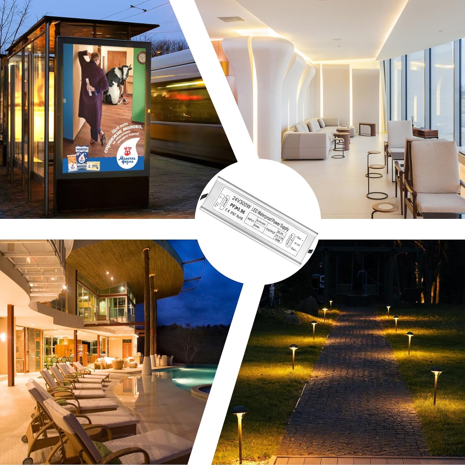 LED Driver 300W 24V Power Supply, IP67 Waterproof Low Voltage Transformer, AC 110-260V to DC 24V 12.5A Converter with 3-Prong Plug 3.3 Feet Cable for Outdoor LED Lights, Industrial, Computer - Image 6