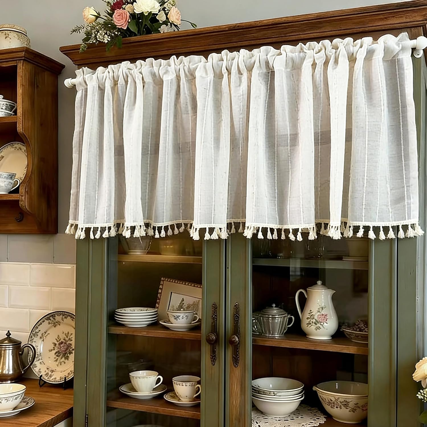 Bohemian Short Curtains,Door Curtains with A Linen-Like Texture,Featuring a Small Valance with Tassel Trim,Vintage Window Treatments,Suitable for Bedrooms,Cabinets.Beige (39" W x 18" L (Pack of 1))