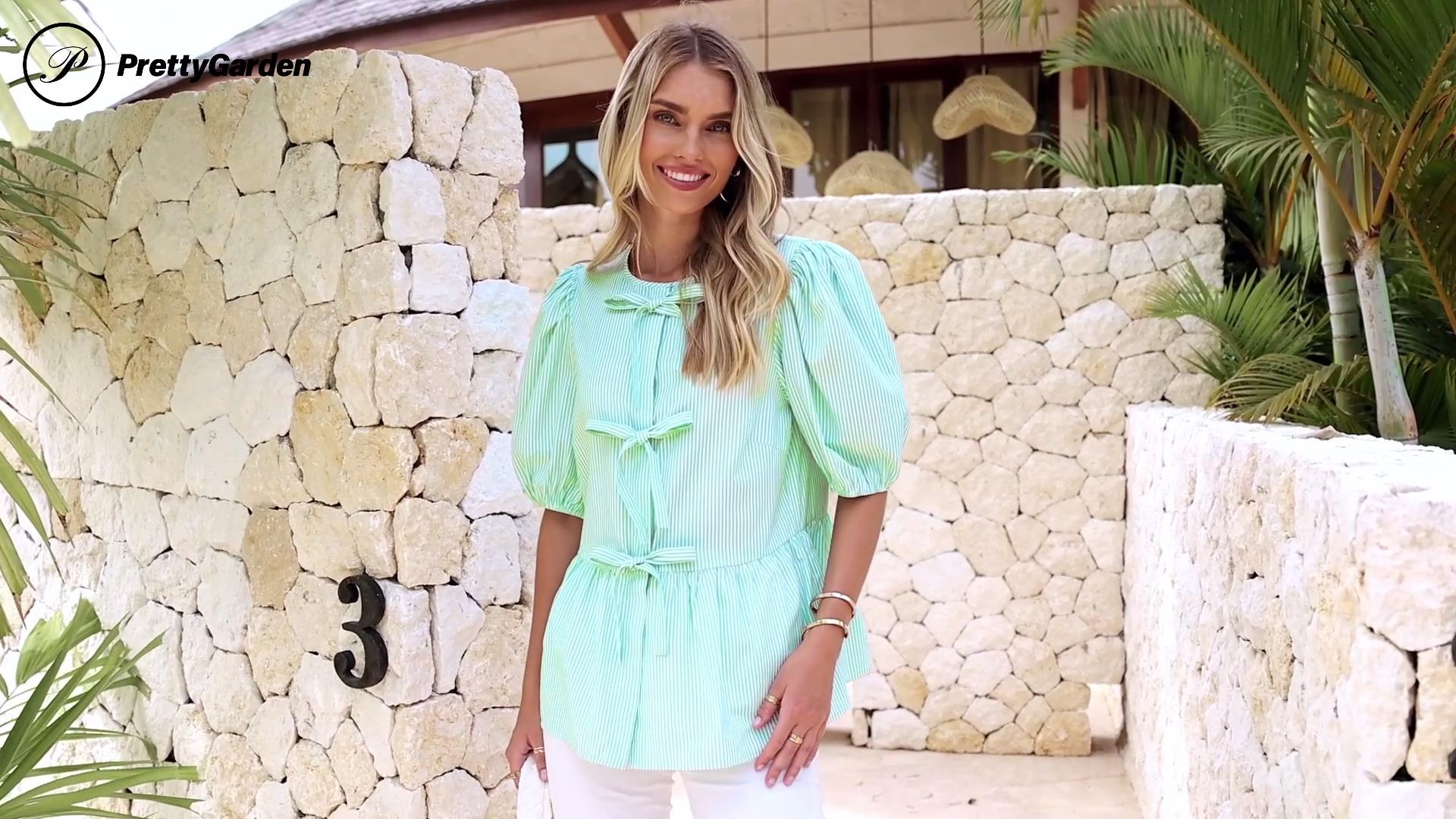 PRETTYGARDEN Women's Tie Front Striped Shirt 2026 Summer Trendy