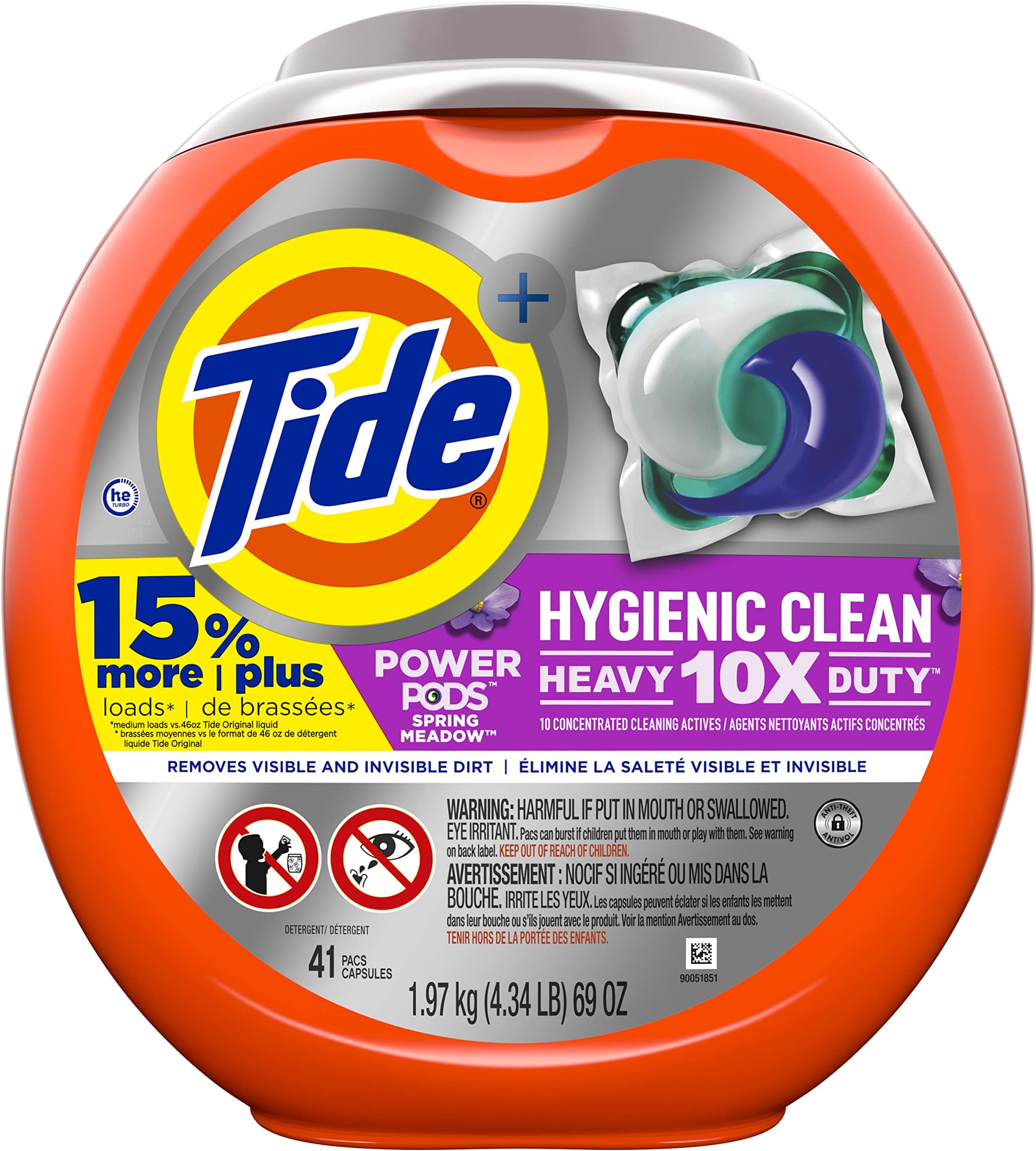 Tide Hygienic Clean Heavy 10x Duty Power PODS Laundry Detergent Soap Pods, Spring Meadow, 41 count, For Visible and Invisible Dirt