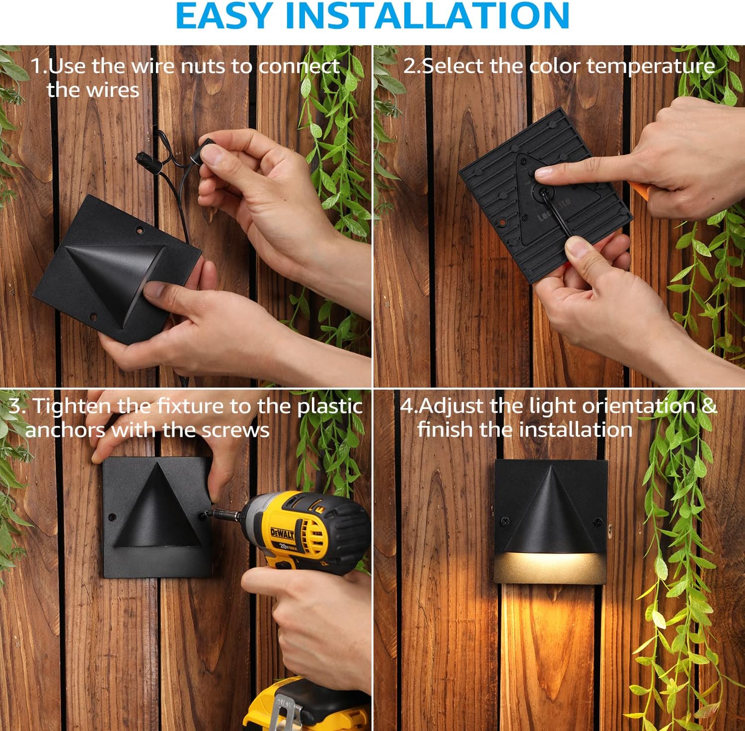 LEONLITE 3CCT Low Voltage LED Deck Light, 12-24V AC/DC Landscape Step Railing Fence Light, IP65 Waterproof, ETL Listed, IP65 Waterproof, Step Lights for Garden, Yard, Aluminium, Black, Pack of 4