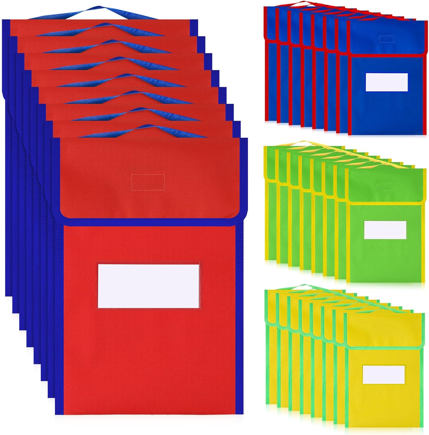 Buryeah 32 Pcs Large Book Bags for Classroom Book Pouches Bulk for Student Kids School 12 x 15 Inch Nylon Reading Bags with Clear Name Tag and Handle