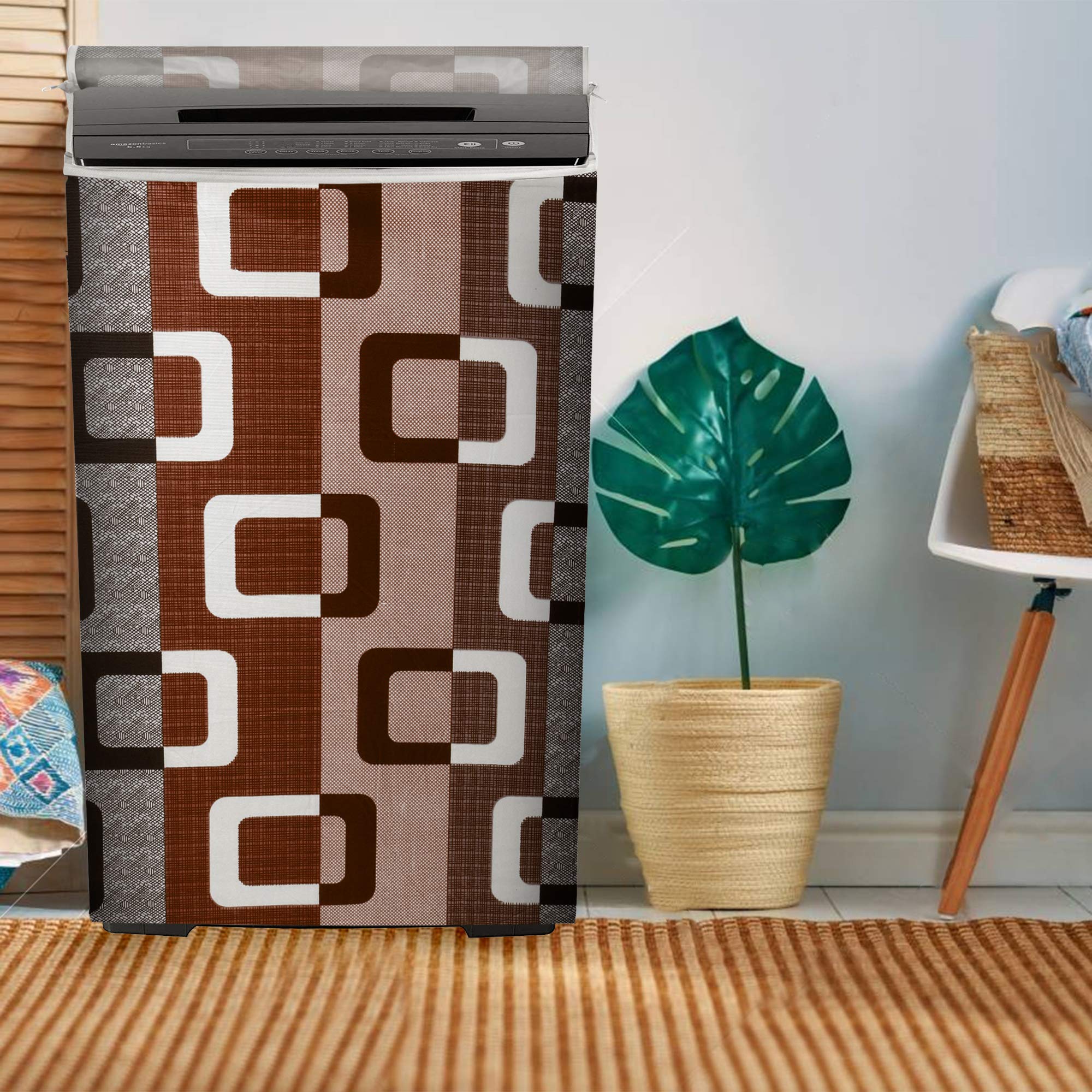 Polyester Washing Machine Top Load Cover with Zipper Waterproof & Dustproof Washable Protector for 5kg–8kg Capacity (Geometric Brown, 23x23x35 Inch)