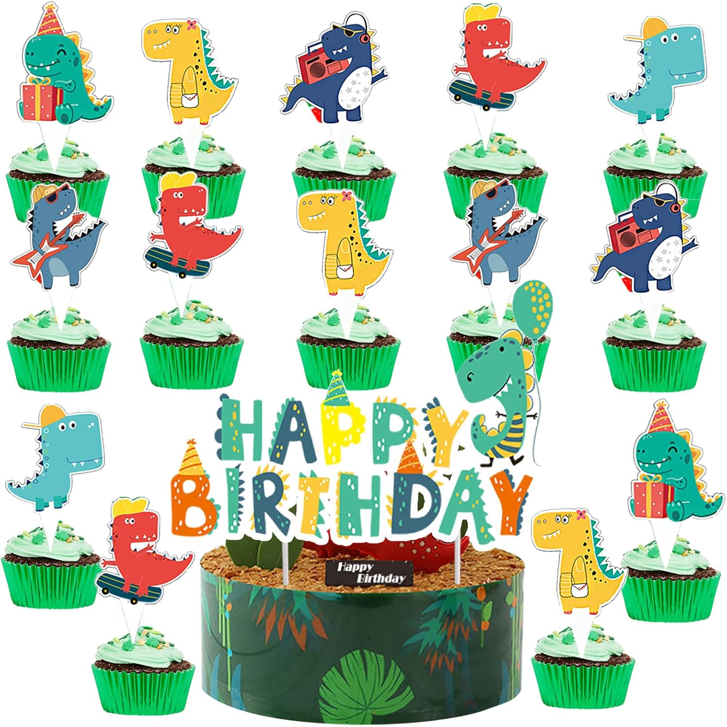 Dinosaur Cake Toppers for Boys 25 Pcs Happy Birthday Green Dinosaur