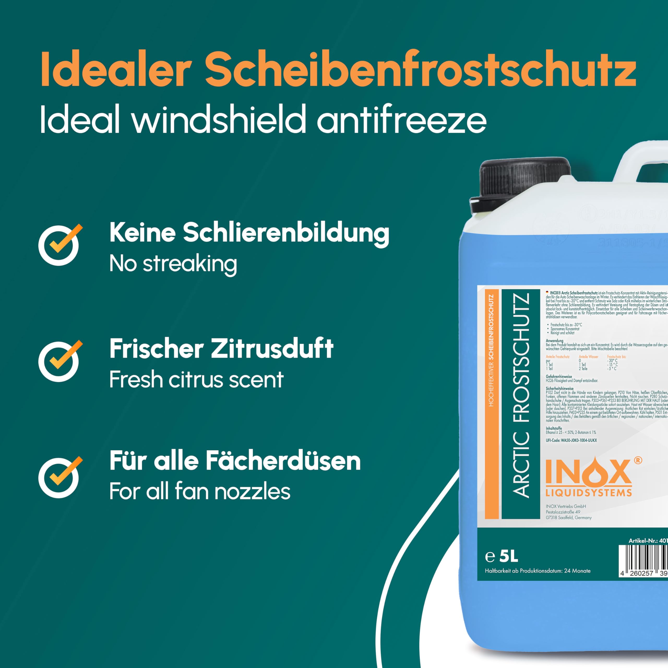 INOX® 4 x 5L Arctic Scheibenfrostschutz Konzentrat bis -30°C - Auto Frostschutzmittel Scheibenwaschanlage - Scheibenwischwasser schlierenfrei