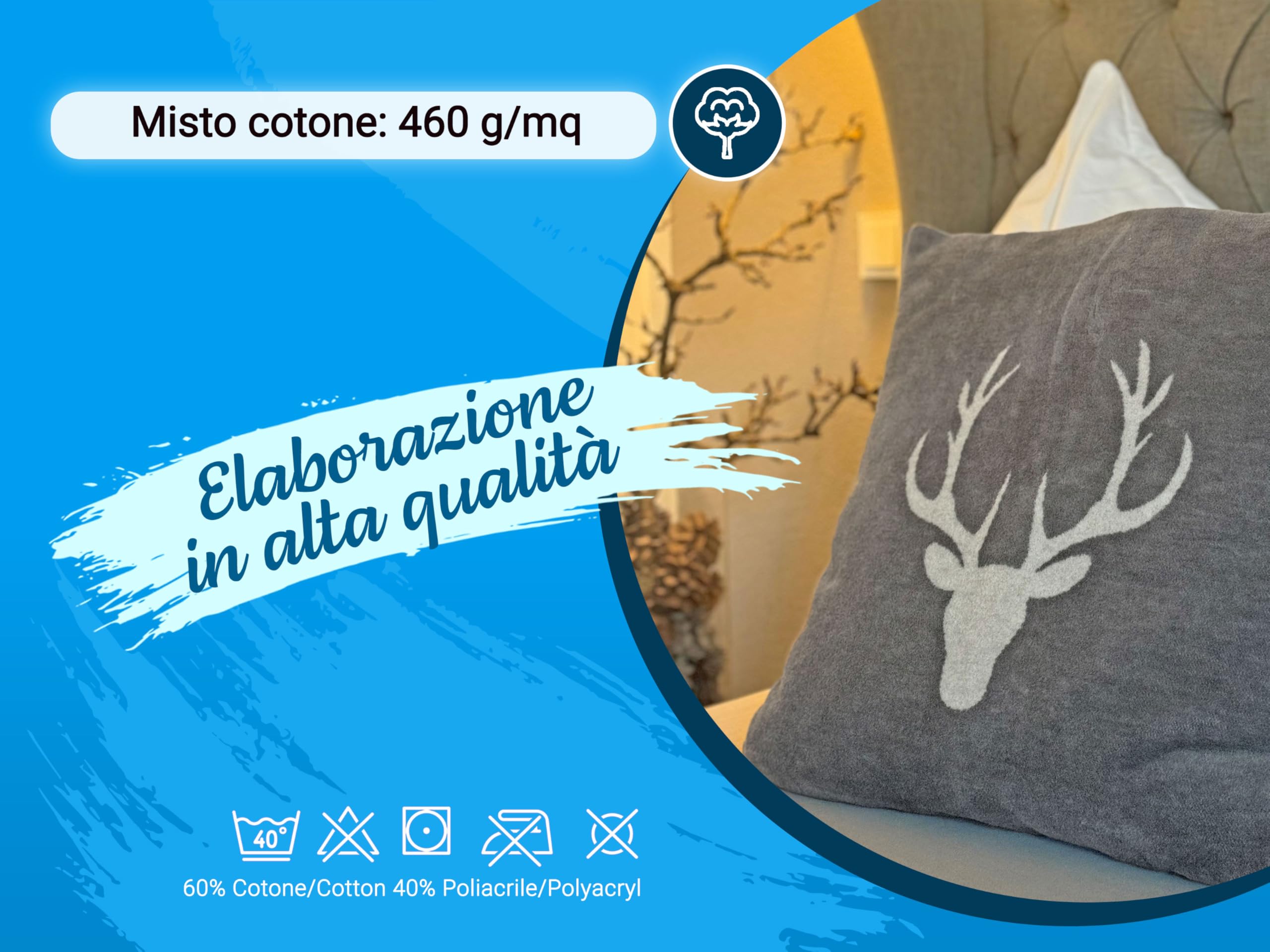 ZOLLNER 2 Fodere decorative per cuscini - 50x50 cm - copricuscini morbidi e soffici - grigi con testa di cervo - lavabile a 40°C - Certificato OEKO TEX (R)
