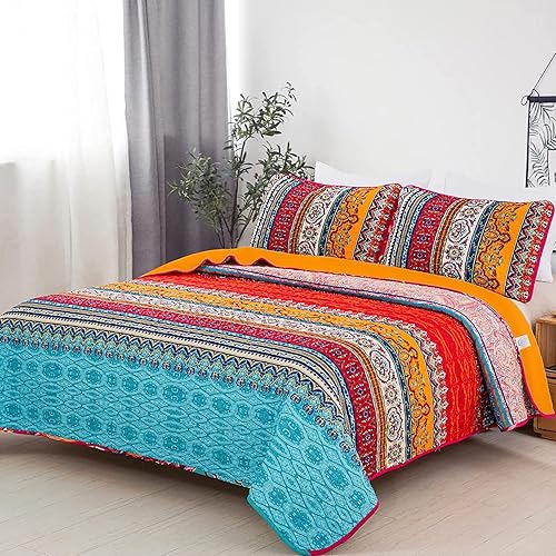 Vista 70 de WONGS BEDDING Juego de edredón bohemio tamaño Queen Aqua, juego de colcha de 3 piezas a rayas, de microfibra ligera y suave bohemia para todas