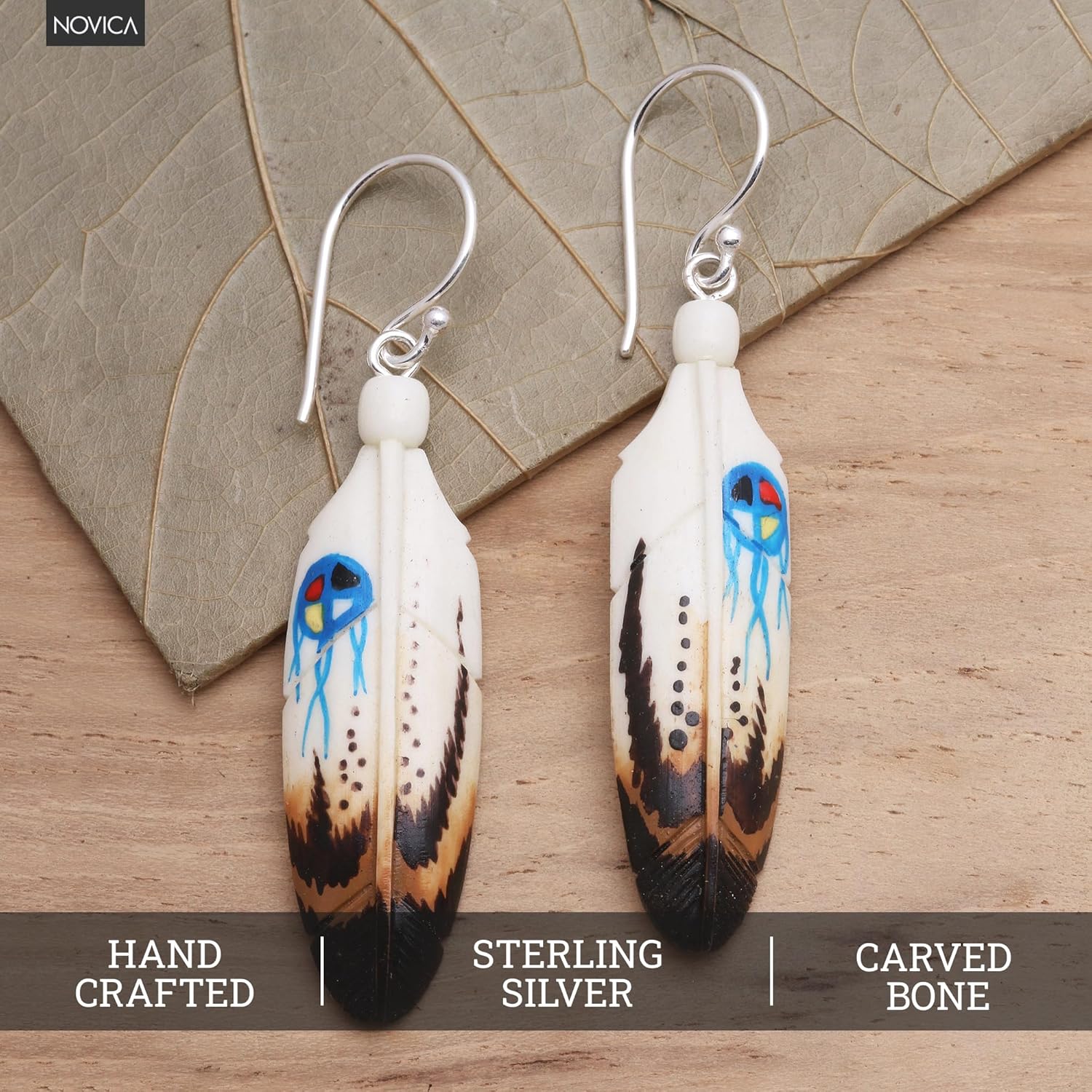 NOVICA Artisan Crafted Handpainted Bone Dangle Earrings | Handcrafted Feather Theme | Cow Bone | Sterling Silver Hooks | No Gemstone | Earthtone Nature | Indonesia ' Fanciful Feathers' 2" L x 0.4" W x