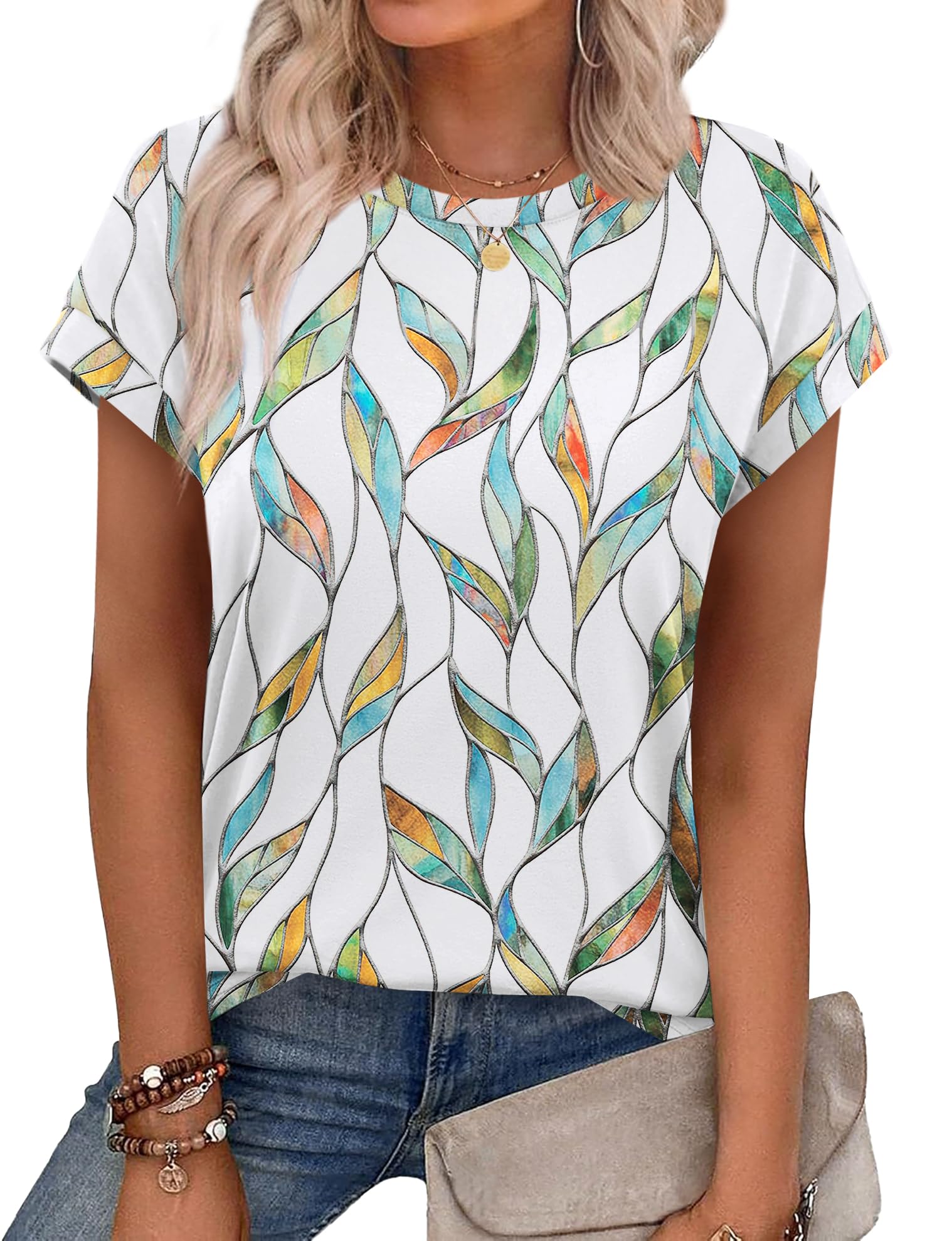 Aokosor Womens Summer Tops Floral Printed Short Capsleeve Shirts Crew Neck Cute Fashion Dressy Tunic Blouses for UK — view 16