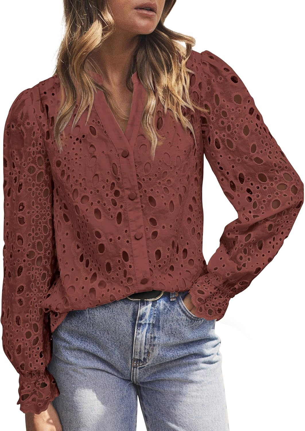 MASCOMODA Womens Tops Dressy Casual Fall Puff Long Sleeve Eyelet Button Shirts V Neck Lace Embroidered Hollow Out Work Blouse