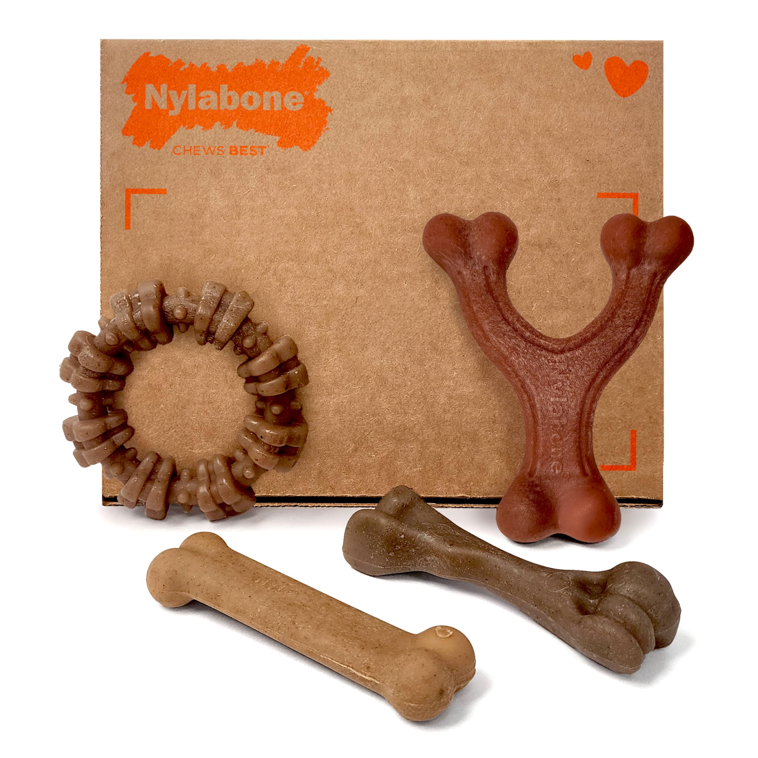 Nylabone Mocna zabawka do żucia 4-pak dla psów wykonana z prawdziwego bekonu, bizonu, dziczyzny, wołowiny i kurczaka, trwałe kości do żucia dla agresywnych żucia, zabawki dla małych psów - do 11 kg, 4