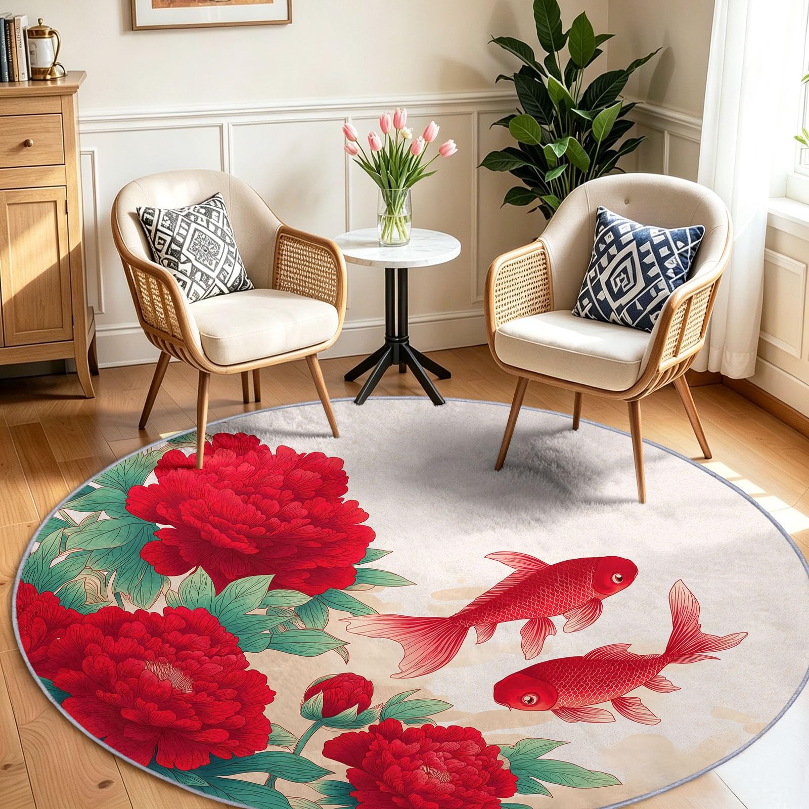 Tappeto rotondo lavabile, 60 cm, tradizionale, orientale, morbido, con stampa floreale, koi a pelo corto, antiscivolo, per ingresso, soggiorno, camera da letto, accanto al divano e all'ufficio (bianco