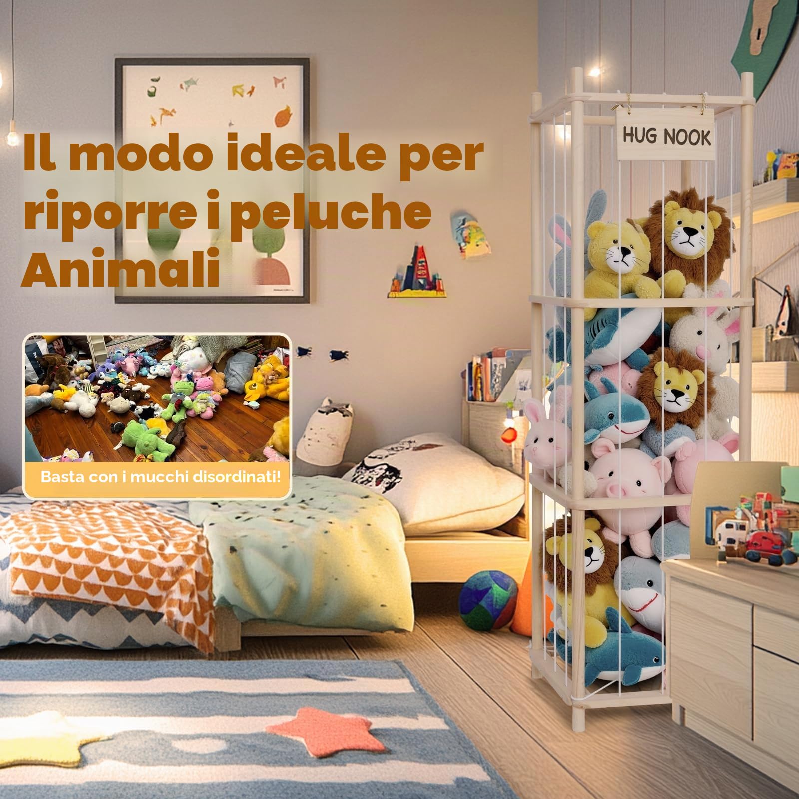 Porta Peluche Verticale, Contenitore per Animali di Peluches Salvaspazio, Porta Giochi Contenitori in Legno, Organizer per Giocattoli di Peluche per Stanza da Gioco per Camera da Letto, Casa