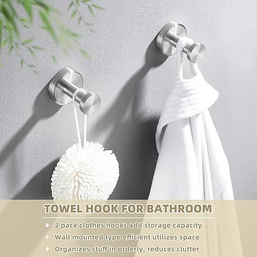 Miniatura 7 de APLusee Ganchos para toallas de baño de níquel cepillado, ganchos de acero inoxidable 304, paquete de 2 ganchos de toallas resistentes para baño,