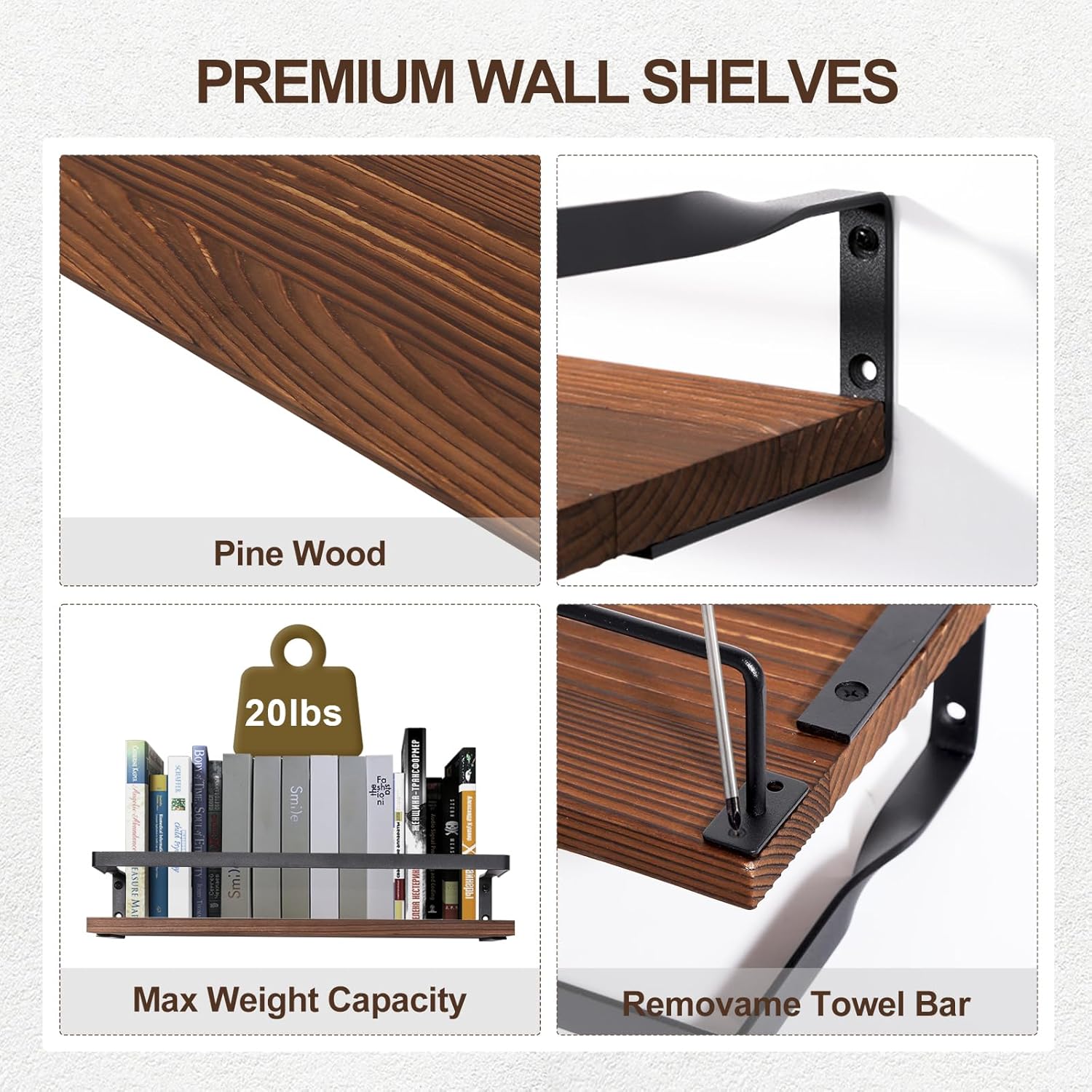 himaly Floating Shelves, Wall Mounted Bathroom Shelf with Towel Bar, Floating Wall Shelves for Bathroom, Kitchen, Bedroom, Living Room, Deep Brown (2 Pieces)
