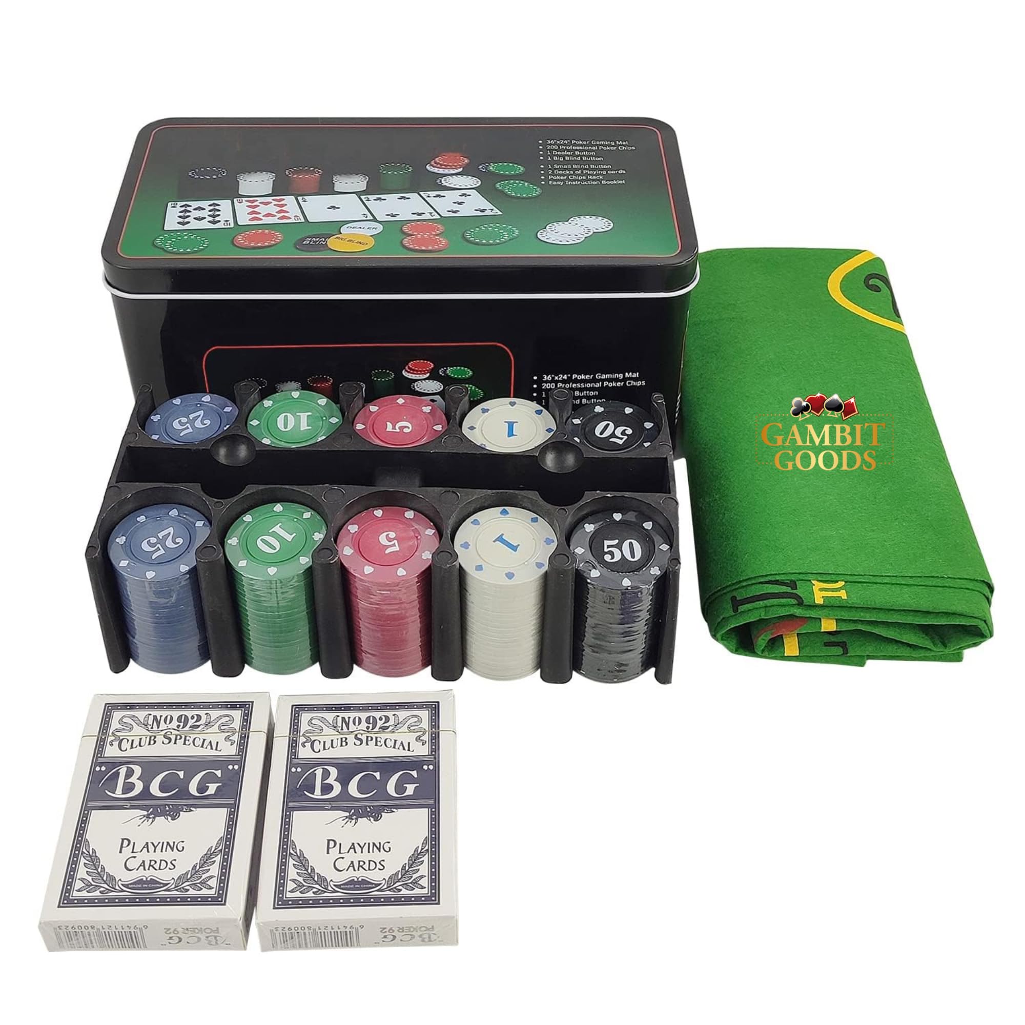 Adult Premium Casino-Style Poker Set with 200 Chips, 2 Decks of Cards, Dealer & Blind Buttons,Card Game and Felt Poker Mat in Durable Tin Case