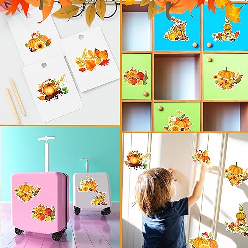Miniatura 7 de Calcomanías de calabaza de otoño, 9 hojas, 115 unidades, calcomanías de otoño de hoja de arce de calabaza de Acción de Gracias para niños,