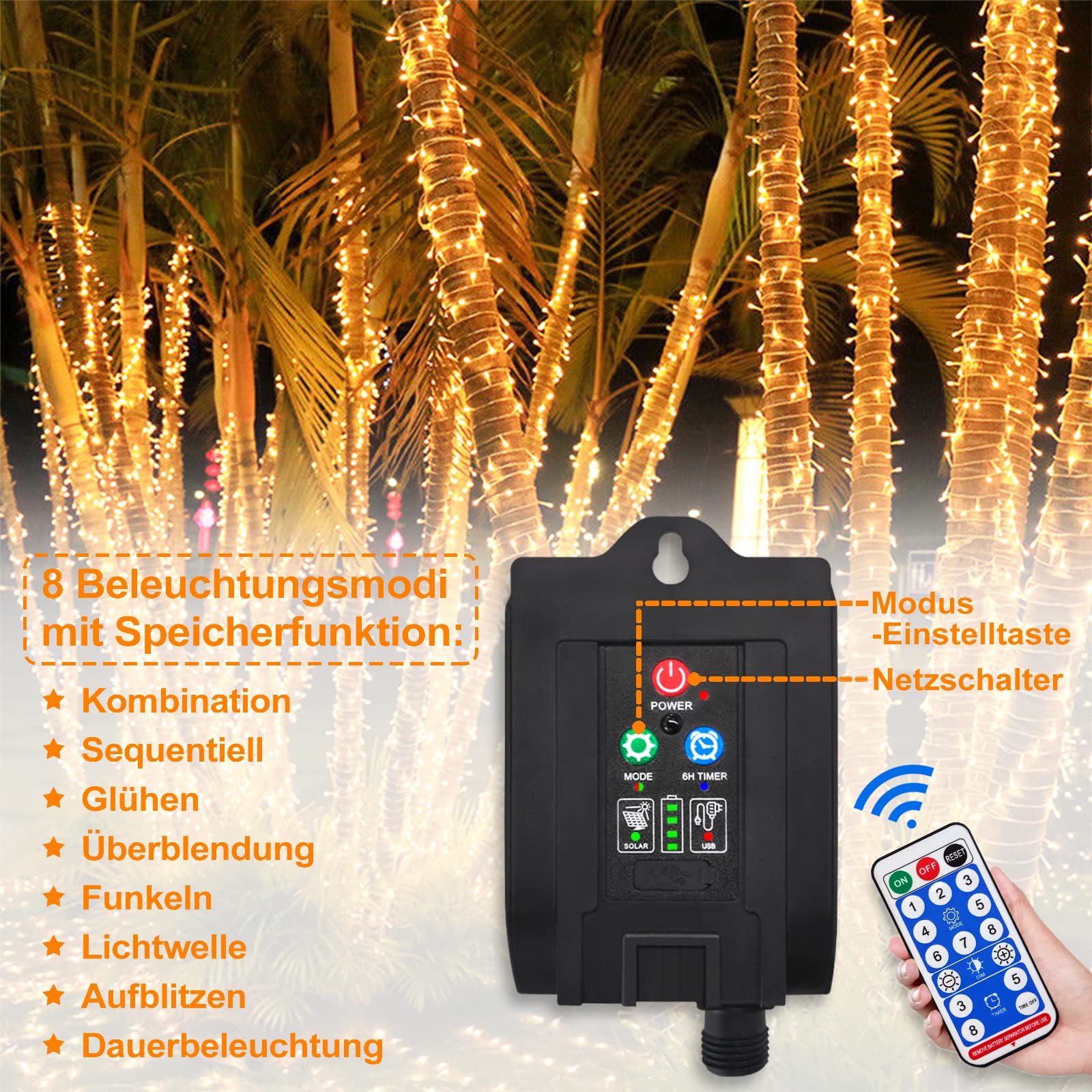 NAIZY Solar Lichterkette aussen 100m 1000LEDs Solar Weihnachtsbeleuchtung Warmweiß Lichtervorhang mit 8 Leuchtmodi Speicherfunktion & Timer & USB IP44 Wasserdicht Lichterketten Innen-Außen