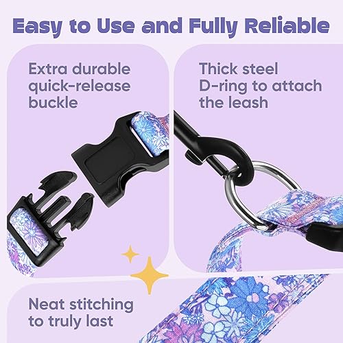 Miniatura 2 de Collar de perro para perros medianos y grandes, patrón acolchado de algodón con flores en collares de larga duración, ajustables, fuertes y