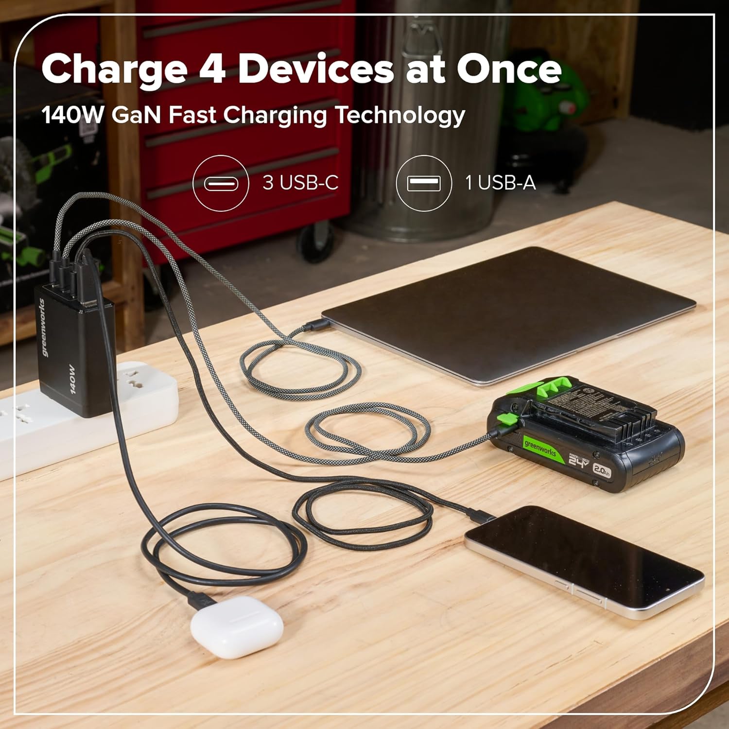 Greenworks POWERALL 140W USB-C, USB-A GaN Charger, 4-Port Foldable Compact, PPS Fast Charging for MacBook Pro/Air, iPhone, iPad, Galaxy S24/23, Pixel 8, Game Consoles, 24V Type-C Battery Charger