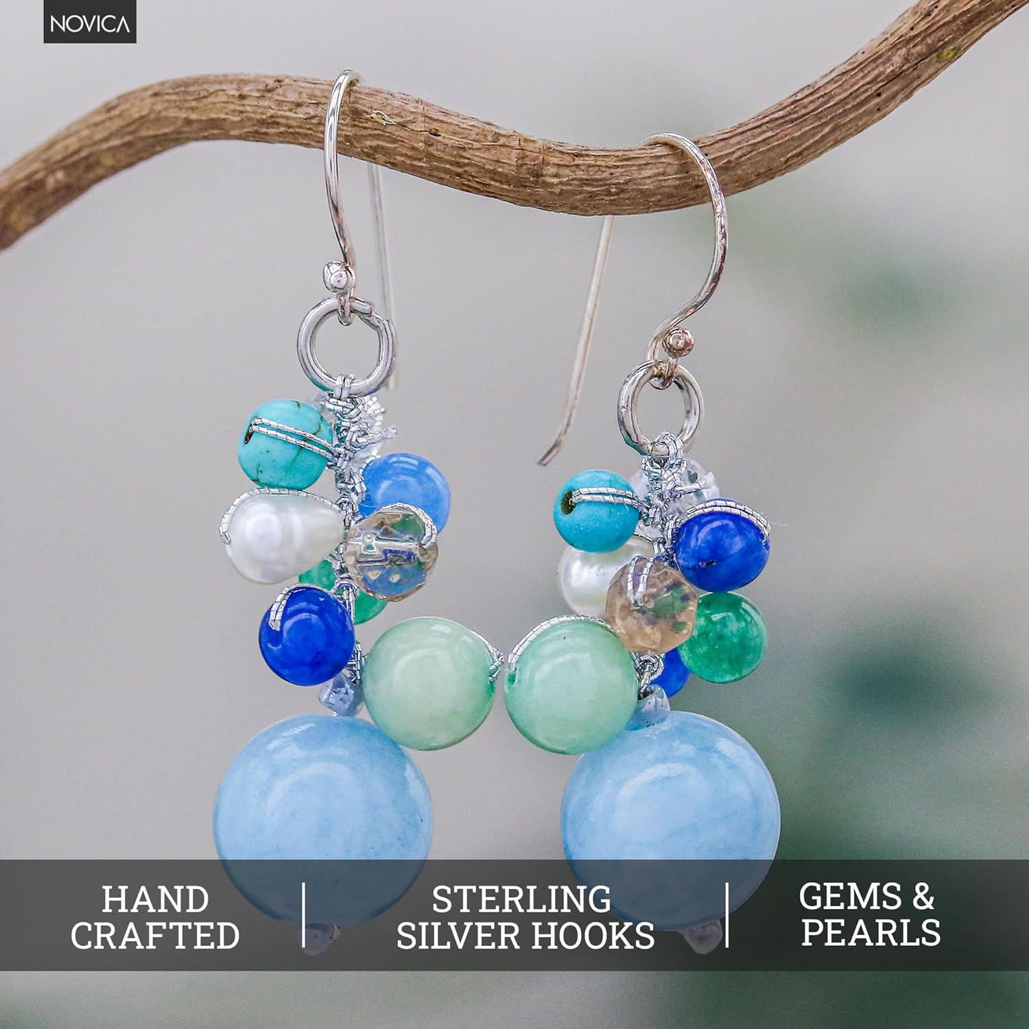 NOVICA Artisan Handcrafted Dyed Quartz Earrings | Sterling Silver Calcite | Cultured Freshwater Pearl | Beaded Bead Dangle | Long French Wire | Blue Multigemstone | Thailand 'Happy Bunch' 1.6"L x