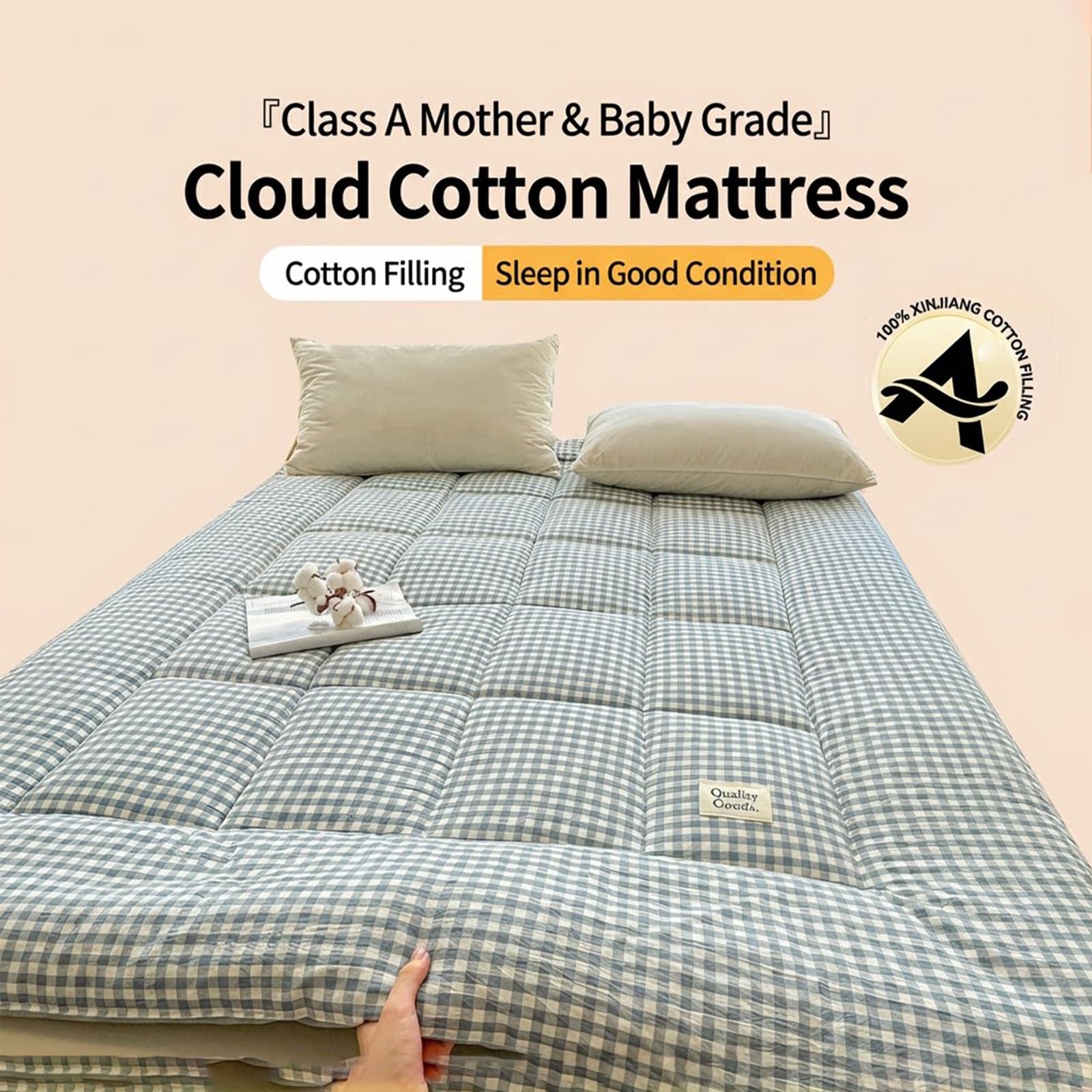 Generico Plaid Duvet Cotone Materasso da Pavimento, Materassino Pieghevole per Ospiti, Portatile Arrotolabile per Campeggio, Cloud Fabric Gingham Design Letto(Gray,180 * 200cm)