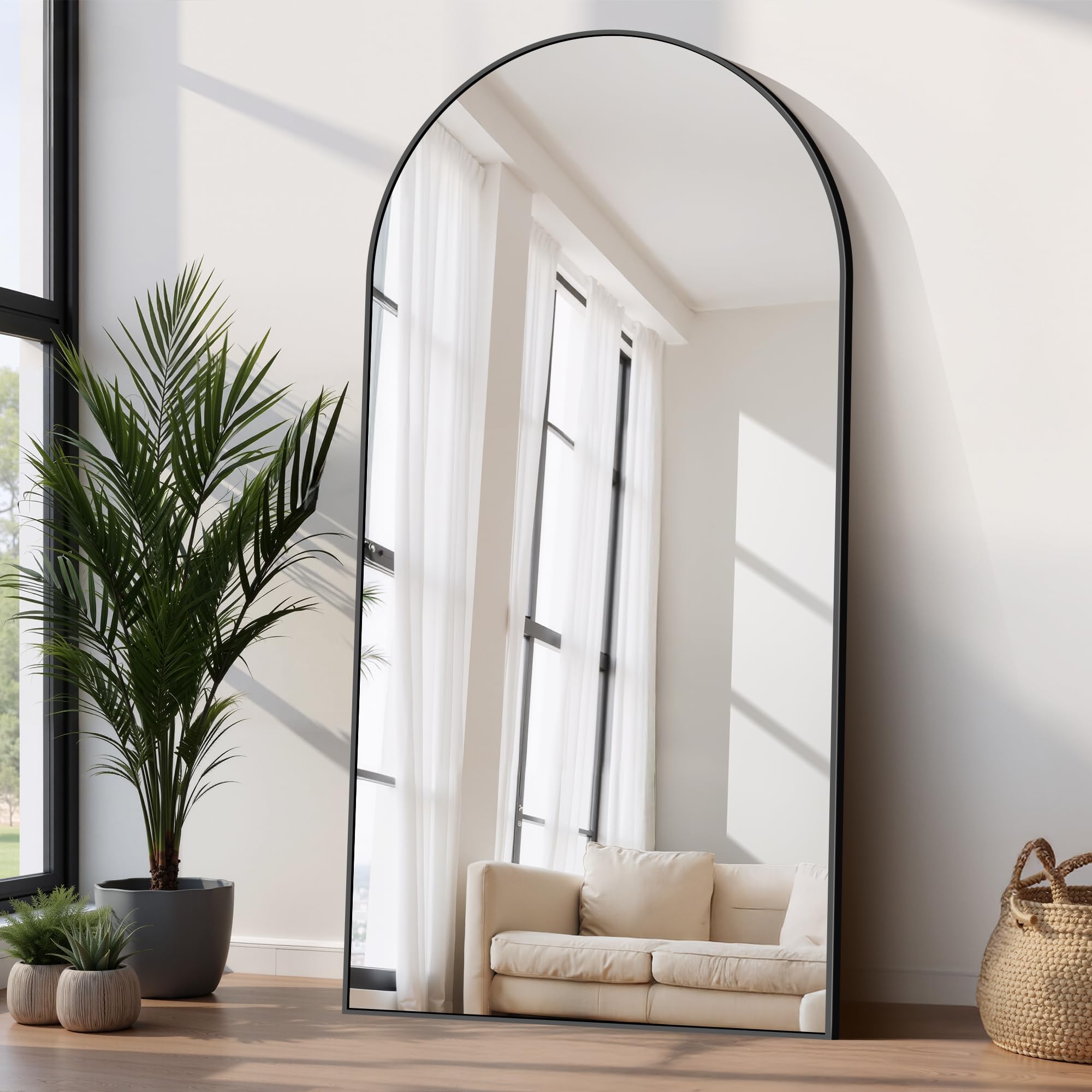 COFENY Espejo de Pie Cuerpo Entero Curvado 206 x 104 cm, Espejos Grandes de Pared con Marco de Aluminio, Espejo de Pie Inclinado o Colgante para Salón, Dormitorio, Entrada, Negro