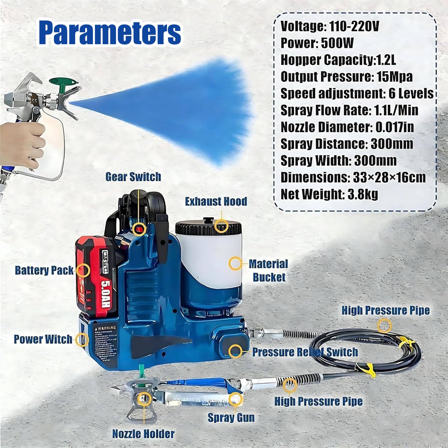 Pulverizador de Pintura Airless Inalámbrico 550W, Pistola de Pintura Eléctrica a Batería 21V, Máquina de Pintar Paredes Profesional con 6 Velocidades, Depósito 1.2L para Látex y Barniz