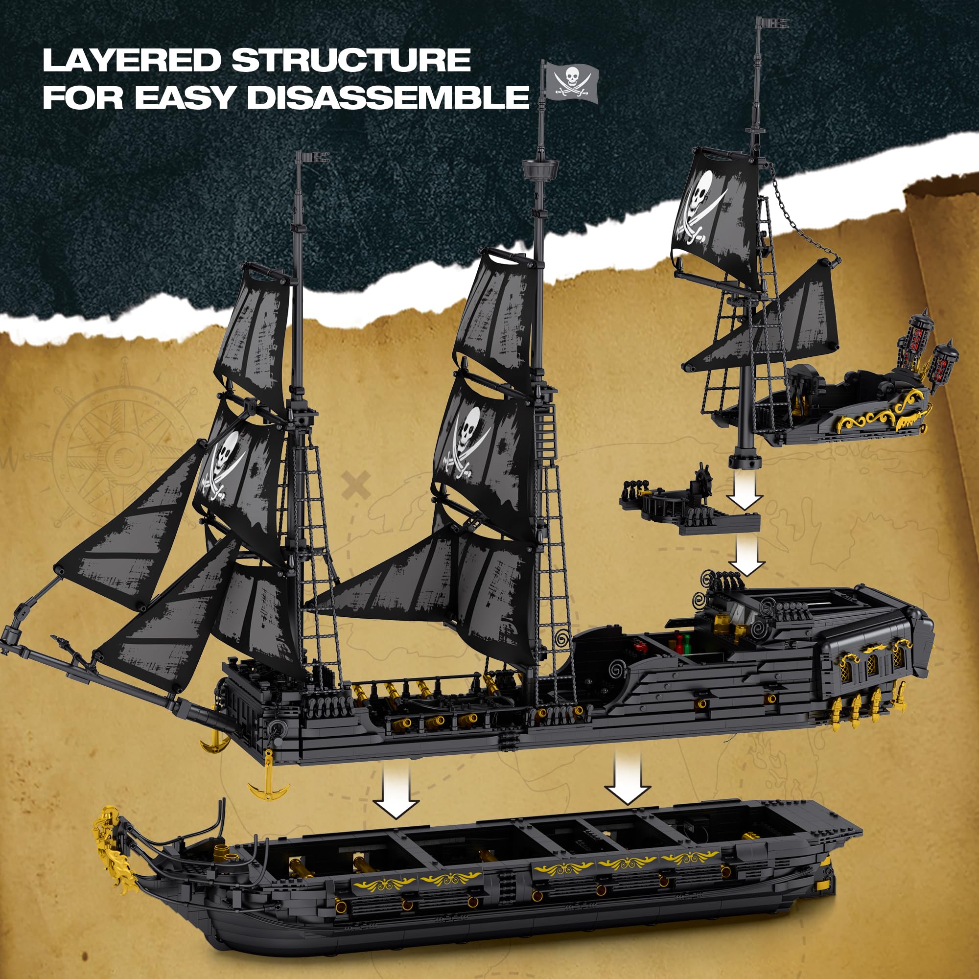 リボリ　8mmのvitrail dark 6/12（72ピース×1セット) Nifeliz Black Hawk Pirates Ship Model Building Blocks Kits