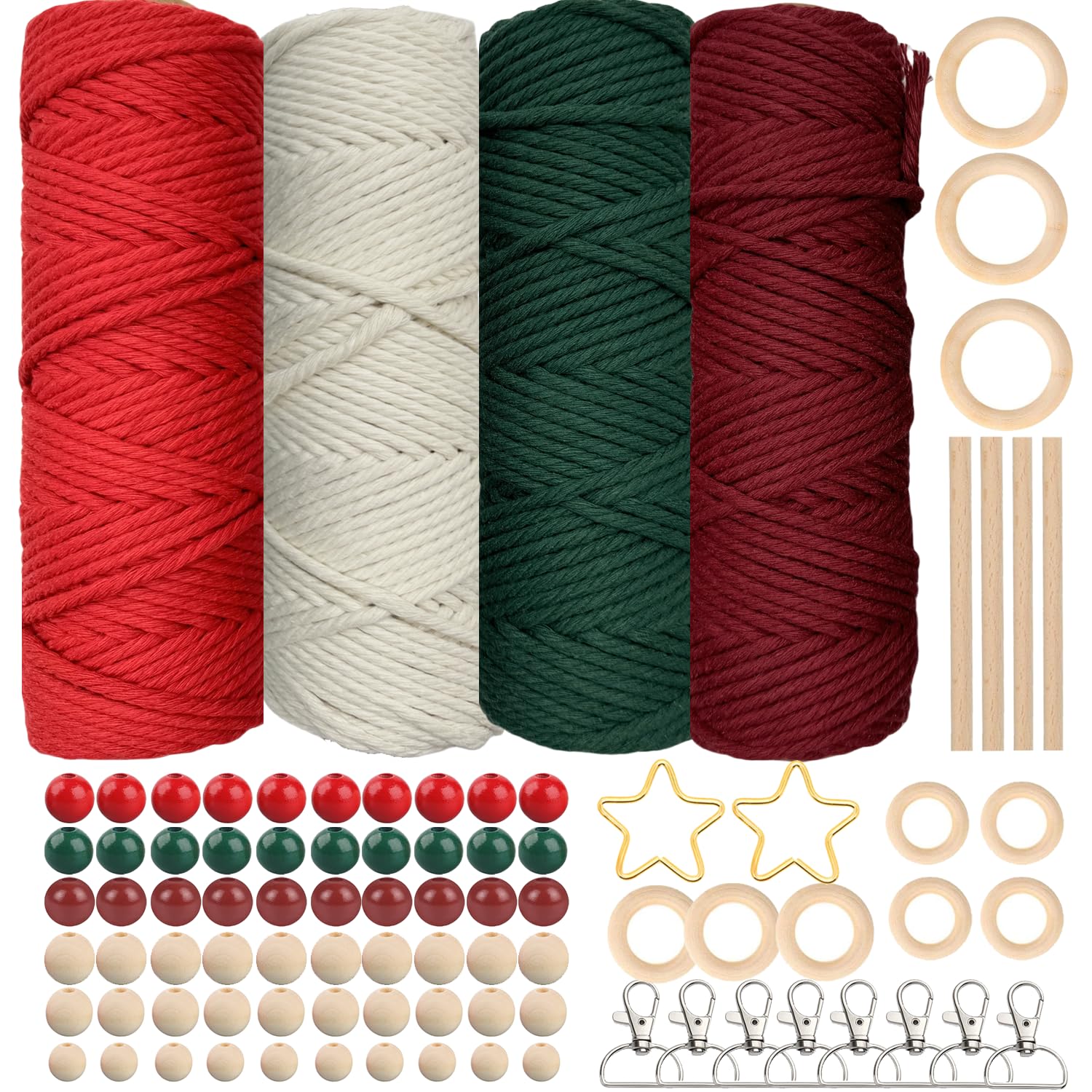 Set Corda Macramè 3mm X 100m (3 Rotoli), Colori Rosso, Verde, Beige, Con Perline E Anelli Di Legno - Kit Fai Da Te Per Arazzi E Decorazioni