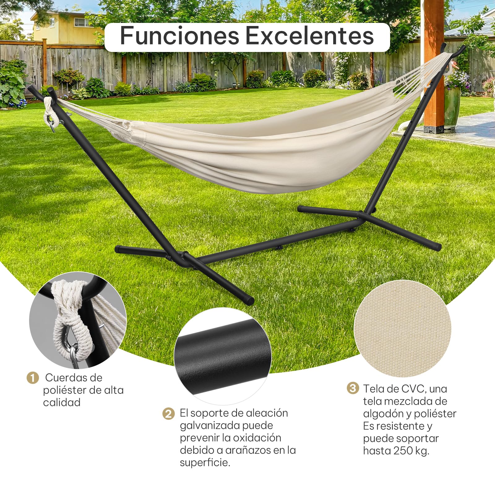 Laneetal Hamaca Jardín Tumbonas, Hamaca para 2 Personas con Soporte Metálico, Capacidad 250 kg, con Bolsa de Transporte, para Terraza, Jardín y Piscina, 280x106x100 cm (Beige, 280x106x100 cm)