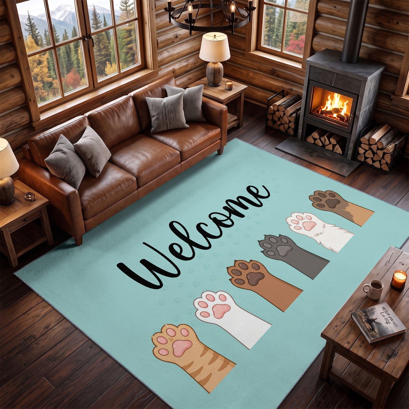 80 x 150 cm Waschbar Teppich Cartoon Minimalistisch Katzenpfote Willkommen Text Weiche Rutschfeste Bodenmatte für Schlafzimmer Wohnzimmer Küche Kinderzimmer, Kurzflorige Flauschige Matte, Blau Schwarz