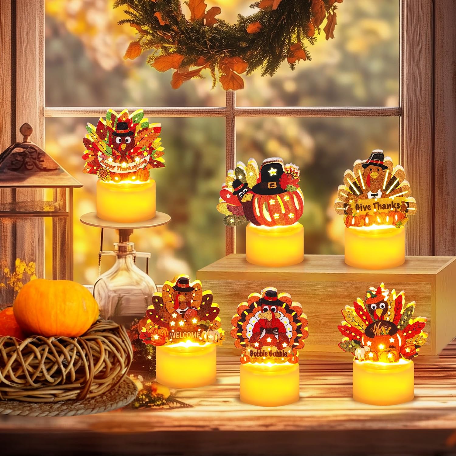 Thanksgiving Decorations Indoor 12 Pack Turkey Flameless LED Candles Battery Operated Tea Lights for Thanksgiving Table Decorations Centerpieces, Mantle, Fireplace, Home, Office, Fall Party Decor
