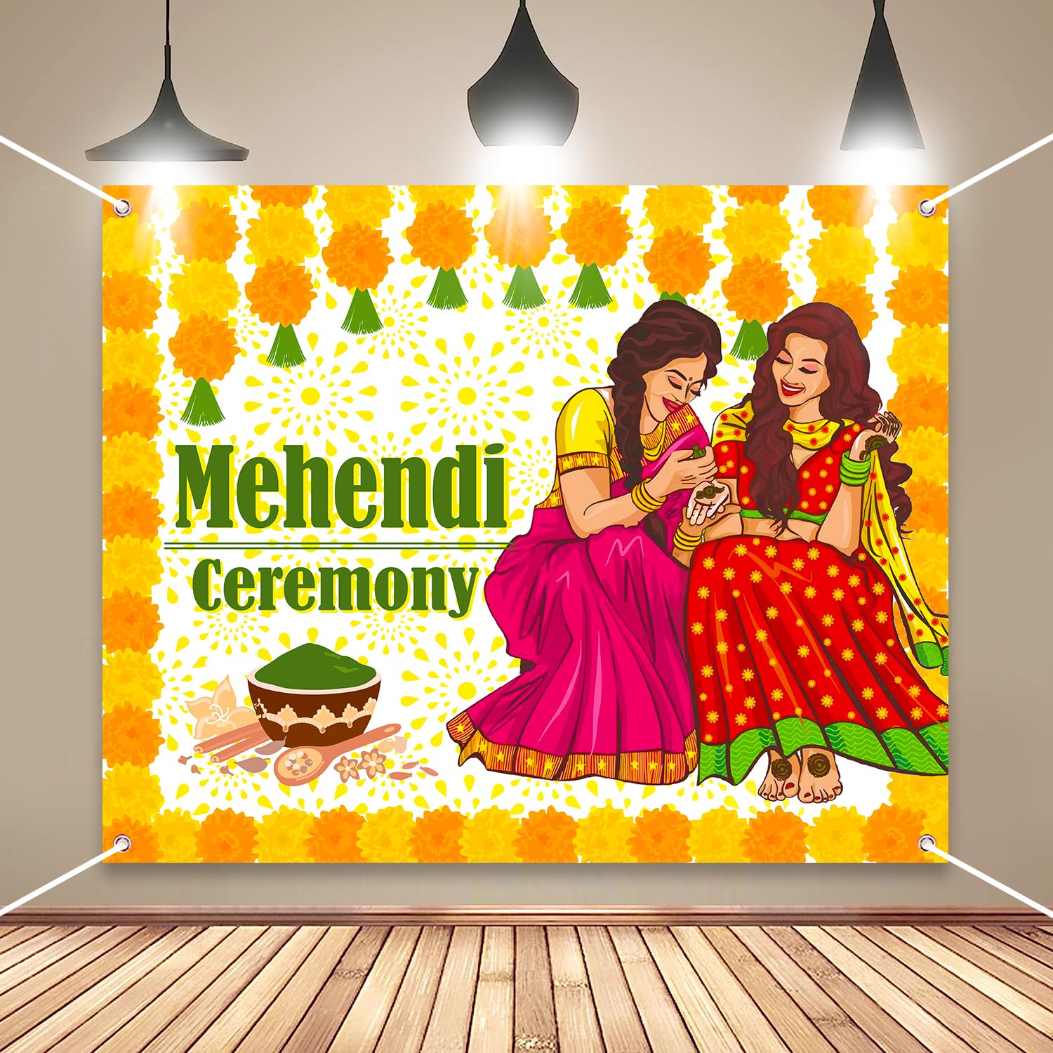 Party Propz Mehendi Backdrop Decoration Cloth - 1Pc(4x5ft) Mehendi Decoration Items for Marriage, Wedding Decorations Items, Mehandi Ceremony Backdrop Decorations Set