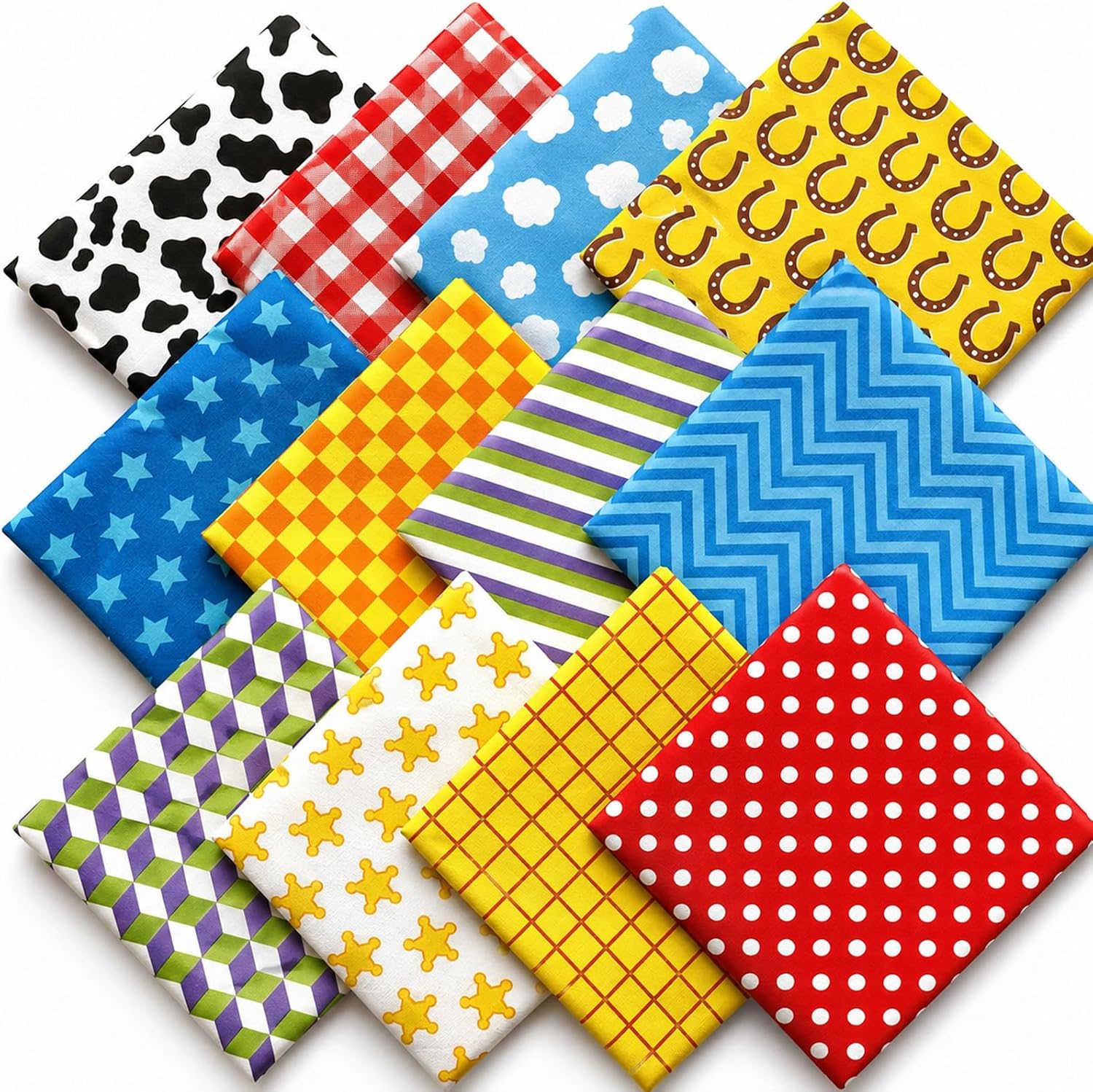 FYSUIMU 12Pcs Cartoon Story Cotton Fabric Bundles Toy Party Fat Quarters Cow Print Plaid Star Blue Sky Sewing Fabrics for Birthday Baby Shower DIY Craft Party Decor, 18 x 22 Inch