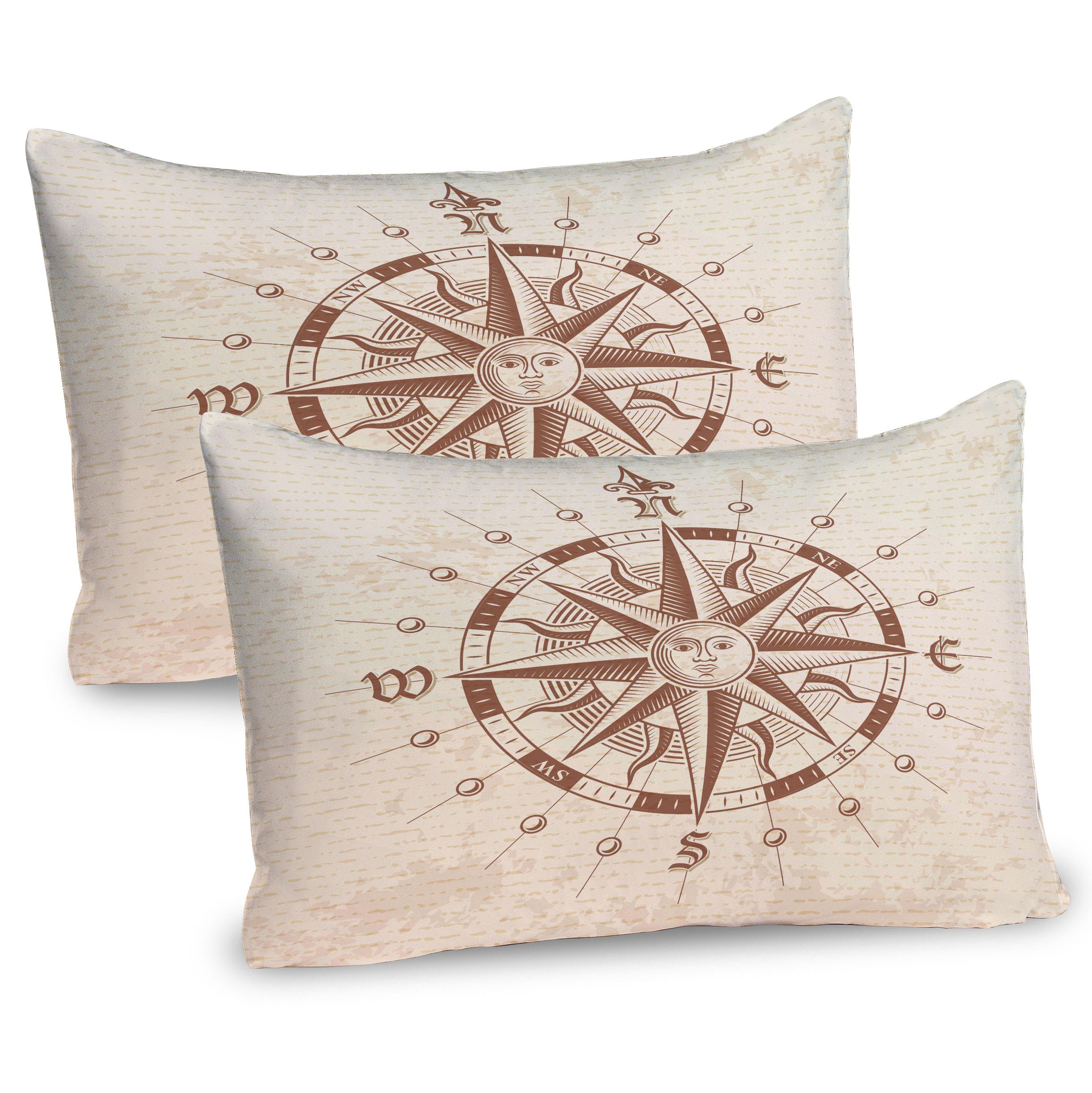 Ambesonne Compass Pillow Sham Set of 2, Old Compass Rose a Sun Face Lady on It Instrument Distances Between Points Graphic, Quality Microfiber Bedding Item for All Seasons, 26