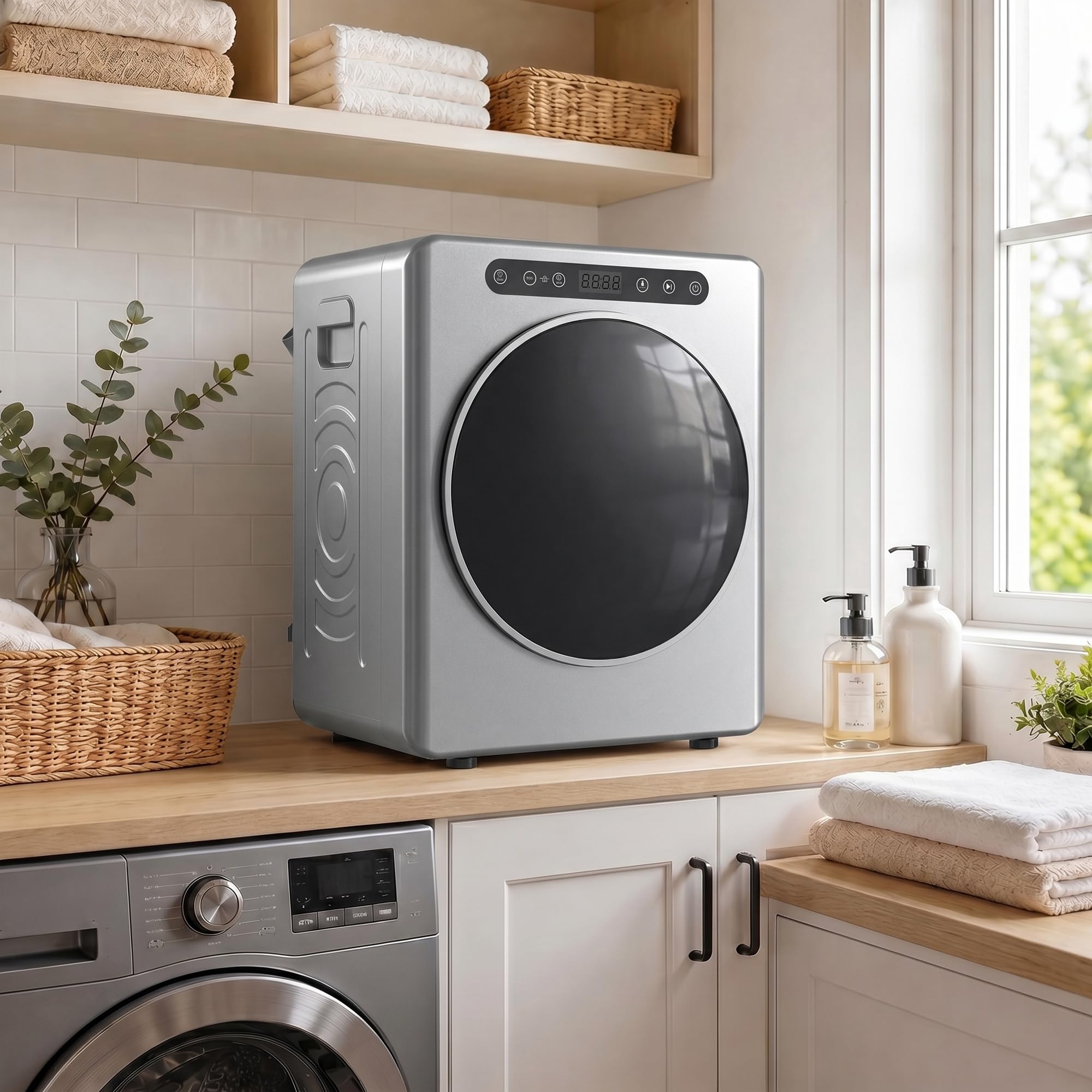 HOMCOM Mini suszarka z wywiewem 5 kg, ze sterylizacją, 6 programów do 60°C, 1000 W, z ekranem dotykowym, program wsteczny nie gniecie się, ze stali nierdzewnej, tryb ekstra suszenia, kolor srebrny