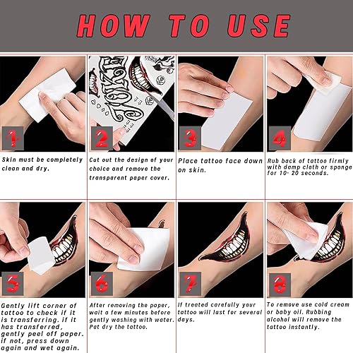 Miniatura 2 de Tatuajes temporales de Halloween, 4 hojas de tatuajes temporales falsos para hombres y mujeres, perfecto para Halloween, cosplay, disfraces y